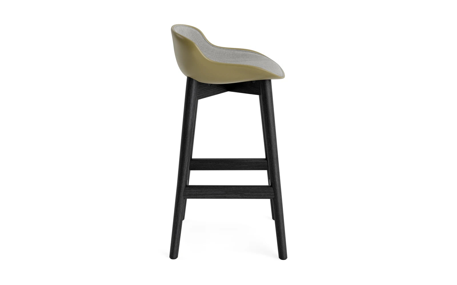 Entdecken Sie den Hyg Barhocker 65 cm von Normann Copenhagen: Ein stilvoller Barhocker aus schwarzer Eiche mit komfortabler Olive/Remix-Polsterung, ideal für gemütliche Räume.