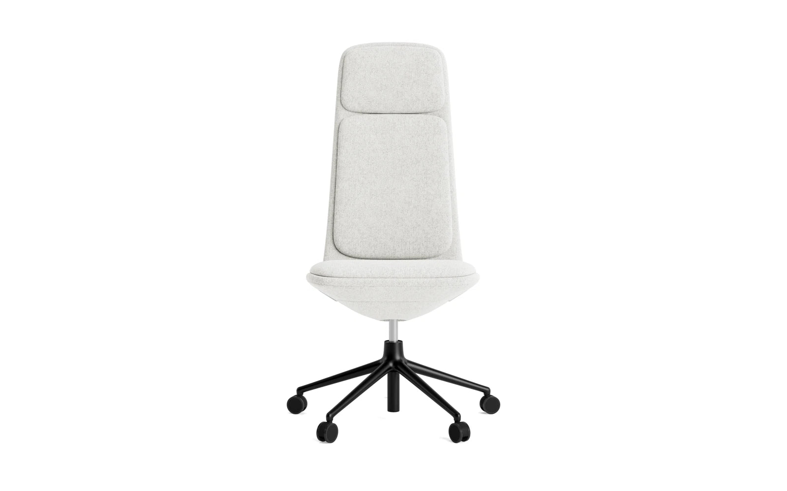 Entdecken Sie den Off Chair von Normann Copenhagen: Ein eleganter Bürostuhl mit schwarzem Aluminiumrahmen und Hallingdal-Kissen, ideal für modernes Arbeiten.