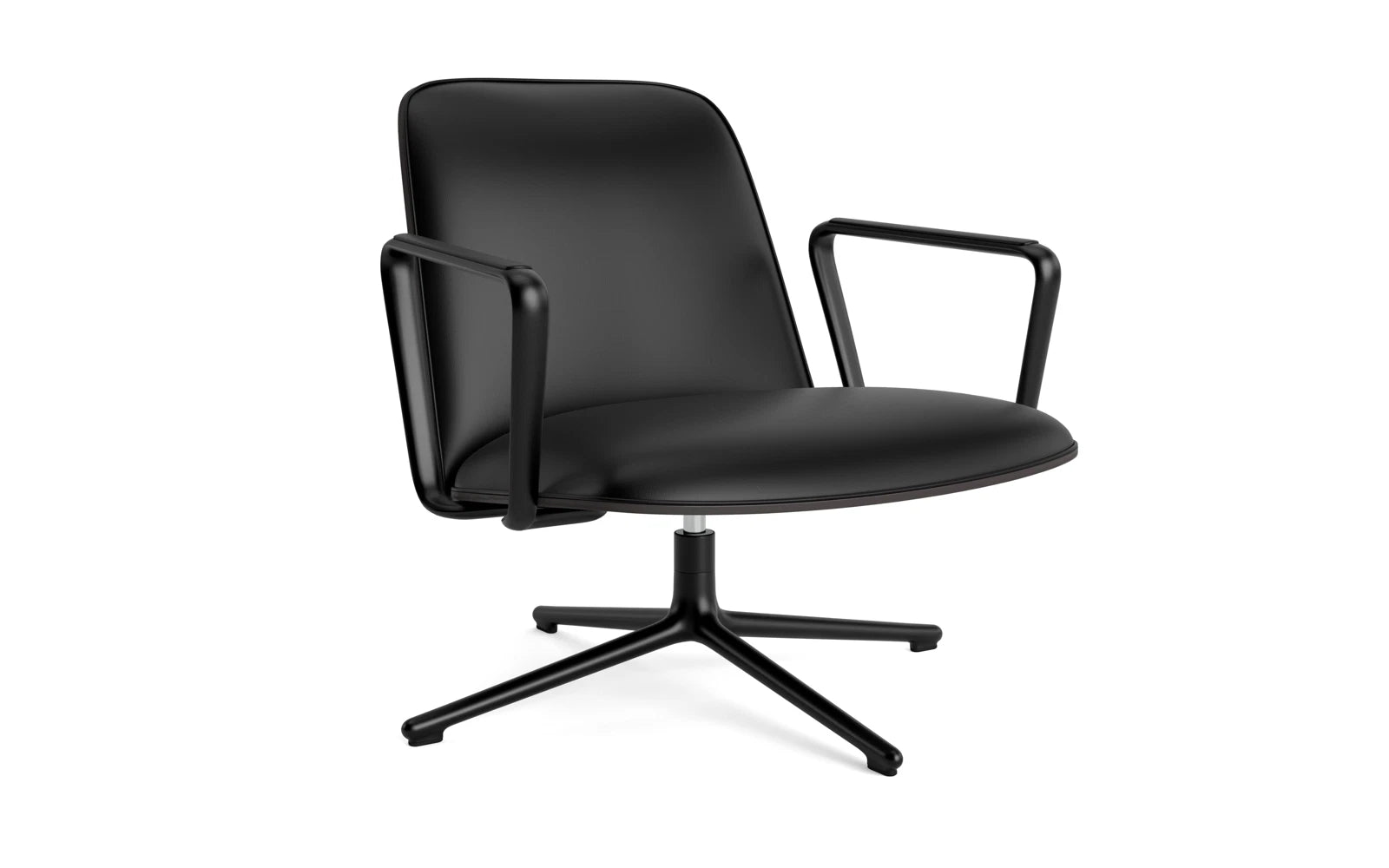 Eleganter Pad Drehsessel aus schwarzer Eiche, gepolstert, mit Stahlrahmen. Perfekt für moderne Lounges.