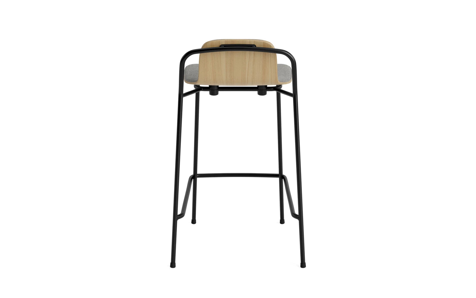 Eleganter Studio Barhocker 65 cm von Normann Copenhagen: Schlanker Stahlrahmen, Eiche, Frontpolster, industrielles Design, stapelbar.