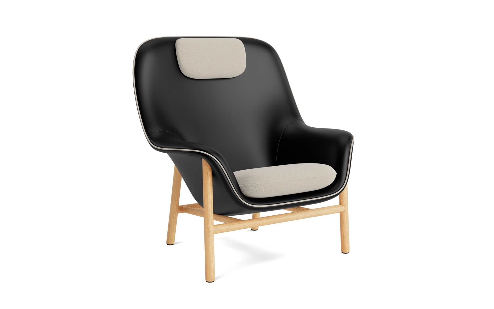 Eleganter Drape Lounge Sessel mit Kopfstütze, sanfte Kurven, anpassbare Bezüge, moderne Stahl- oder Eichenbeine.