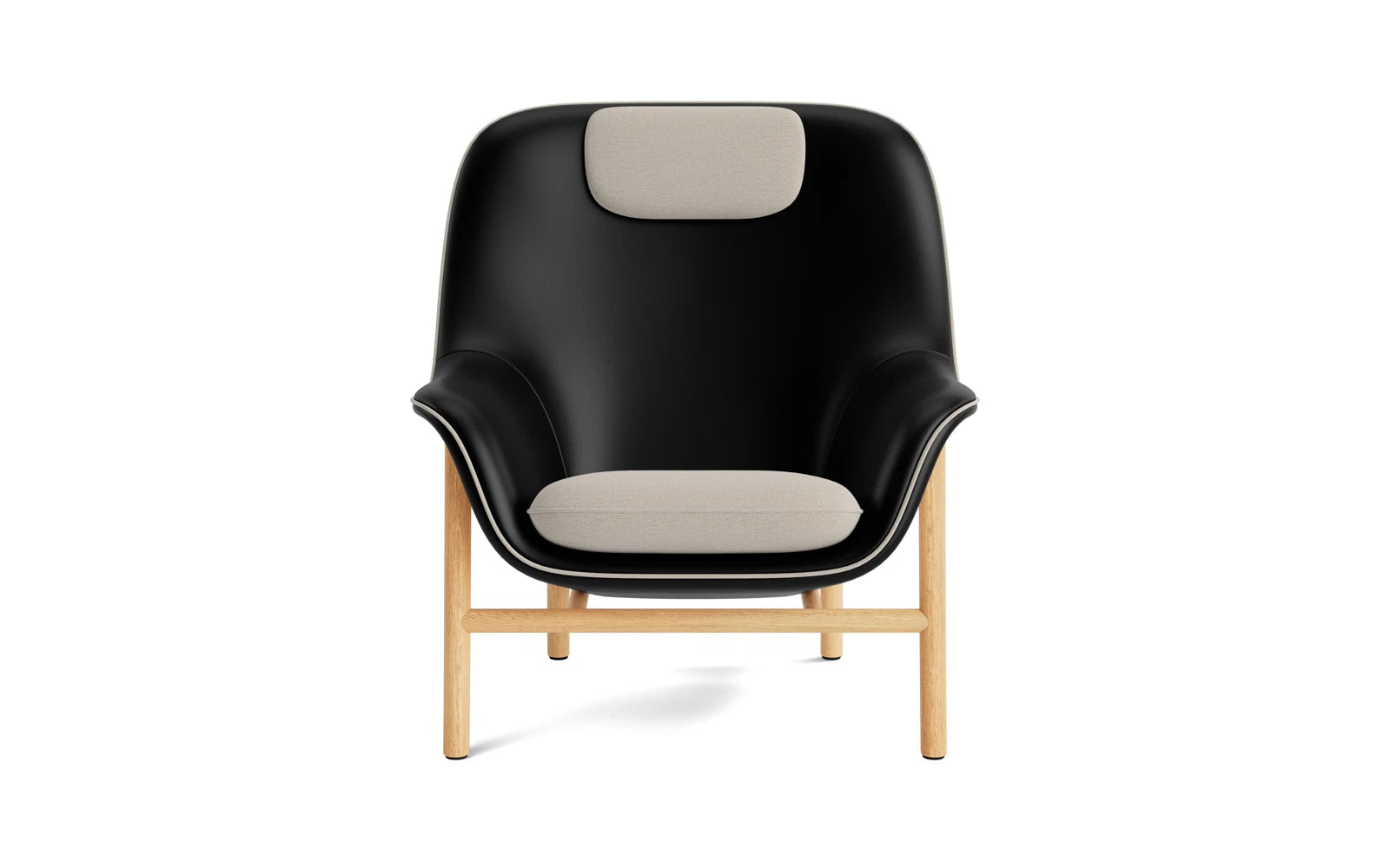 Eleganter Drape Lounge Sessel mit Kopfstütze, sanfte Kurven, anpassbare Bezüge, moderne Stahl- oder Eichenbeine.