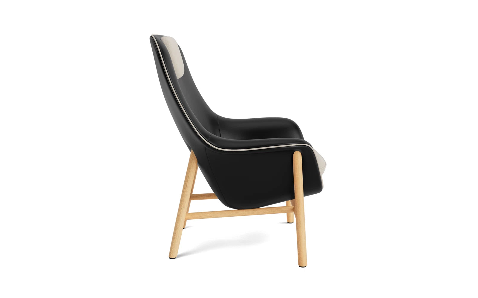 Eleganter Drape Lounge Sessel mit Kopfstütze, sanfte Kurven, anpassbare Bezüge, moderne Stahl- oder Eichenbeine.