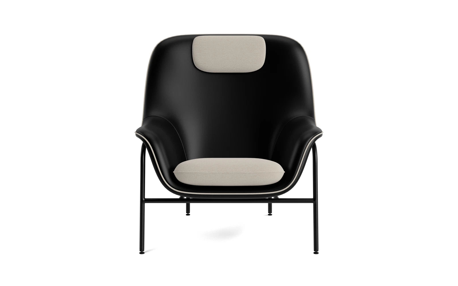 Eleganter Drape Lounge Sessel mit Kopfstütze, sanfte Kurven, anpassbare Bezüge, moderne Stahl- oder Eichenbeine.