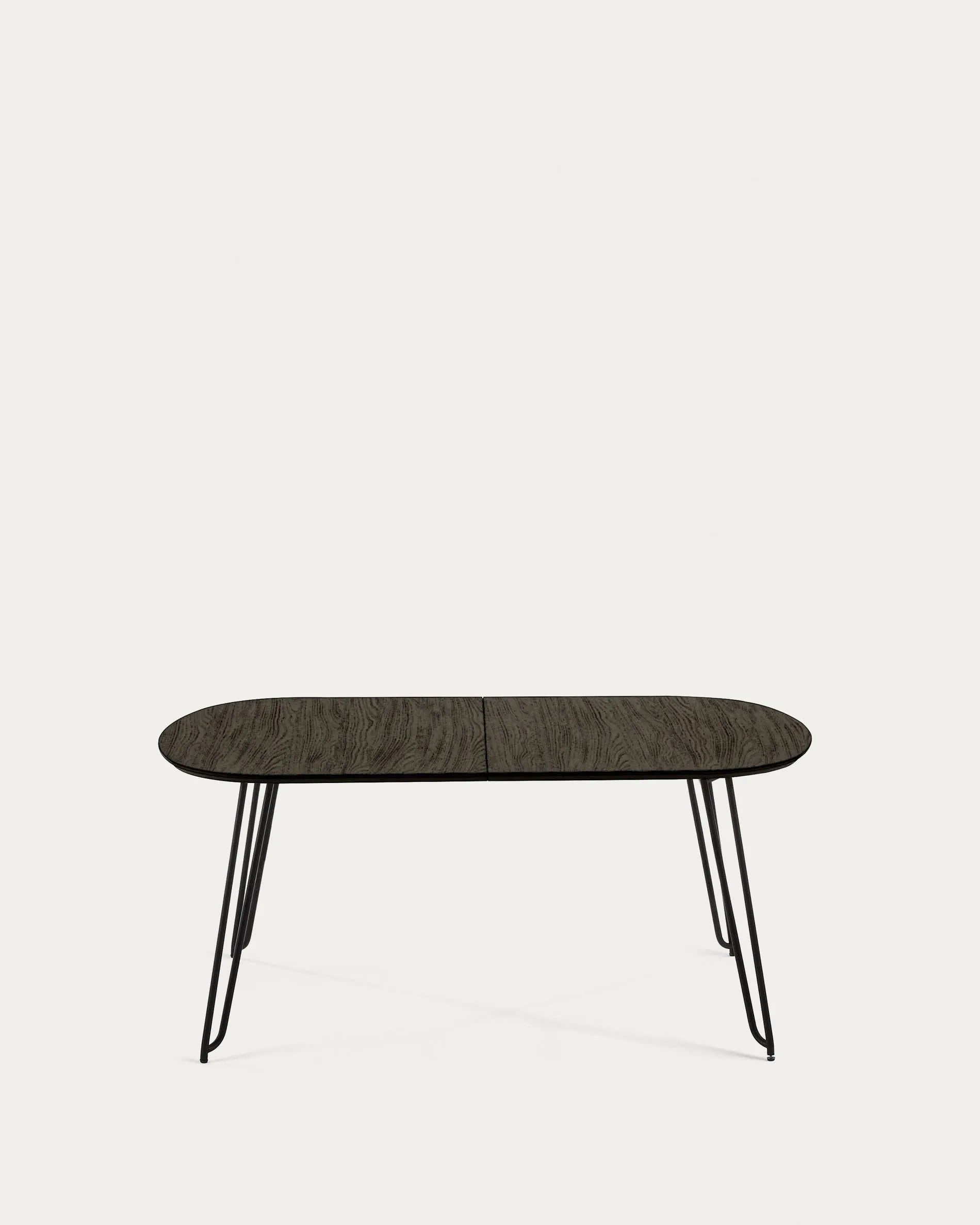 Eleganter Tisch mit Eschenfurnier, ausziehbar von 140 auf 220 cm, schwarze Stahlbeine, ideal für stilvolle Flexibilität.