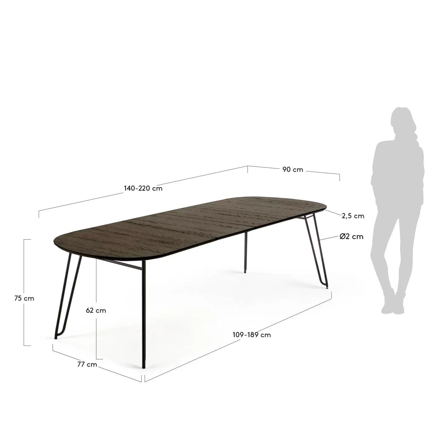 Eleganter Tisch mit Eschenfurnier, ausziehbar von 140 auf 220 cm, schwarze Stahlbeine, ideal für stilvolle Flexibilität.