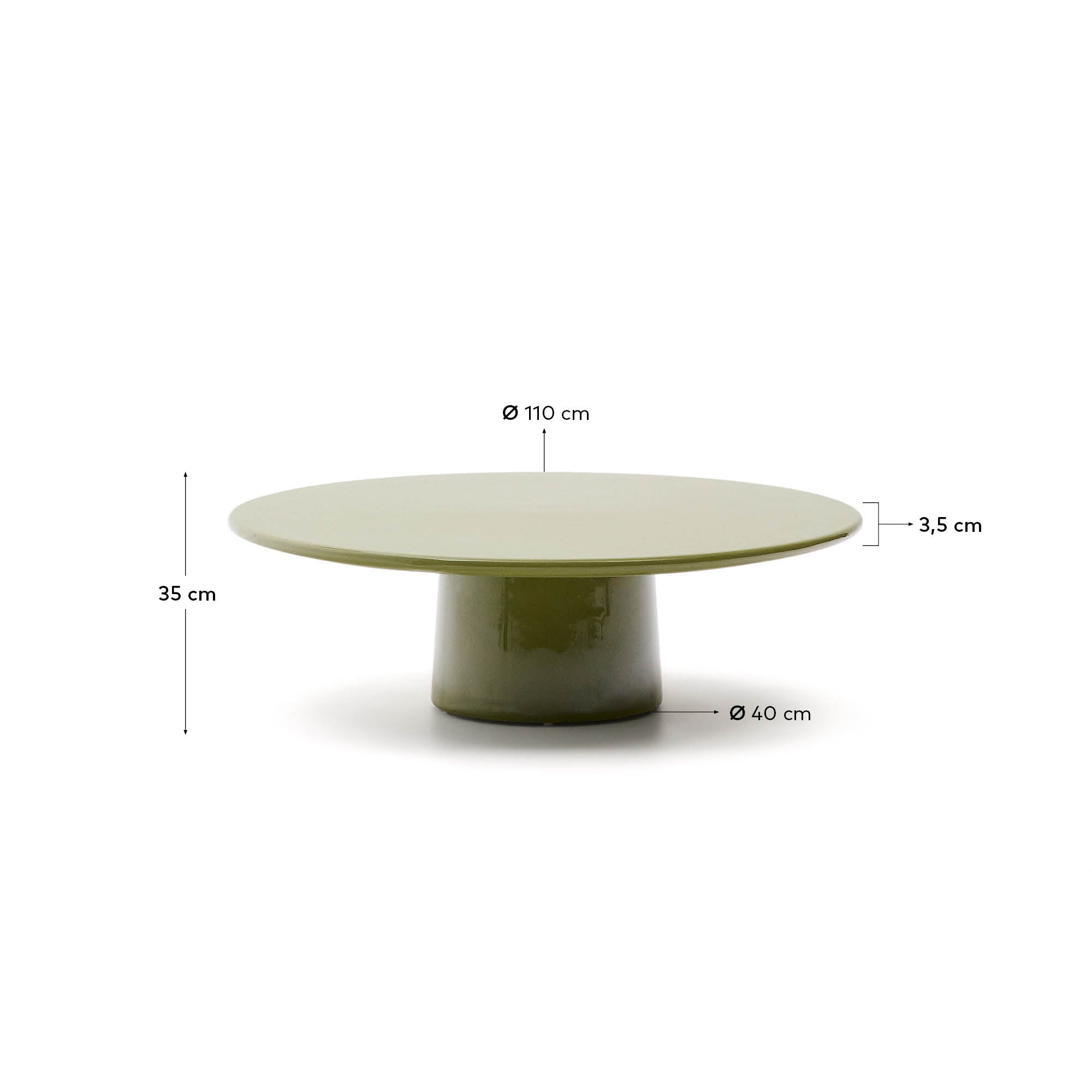 Einzigartiger Couchtisch aus glasfaserverstärktem Zement mit lebendigem grünem Finish, Ø 110 cm, ideal für stilvolle Outdoor-Bereiche.