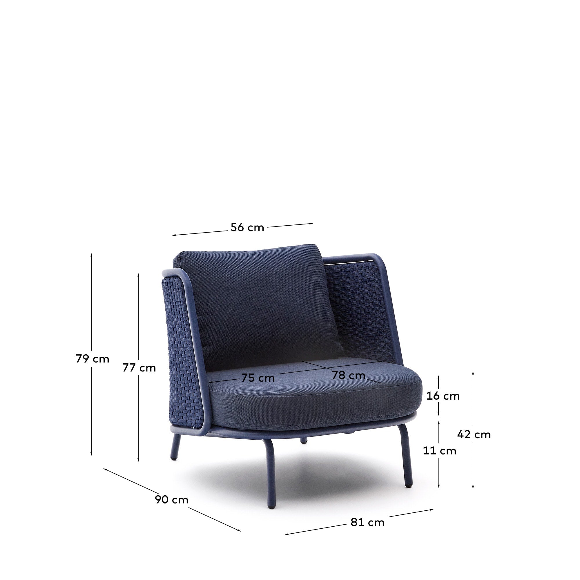Eleganter Outdoor-Sessel aus Aluminium mit blauer Seilbespannung, UV-beständig und wetterfest, ideal für Garten und Terrasse.