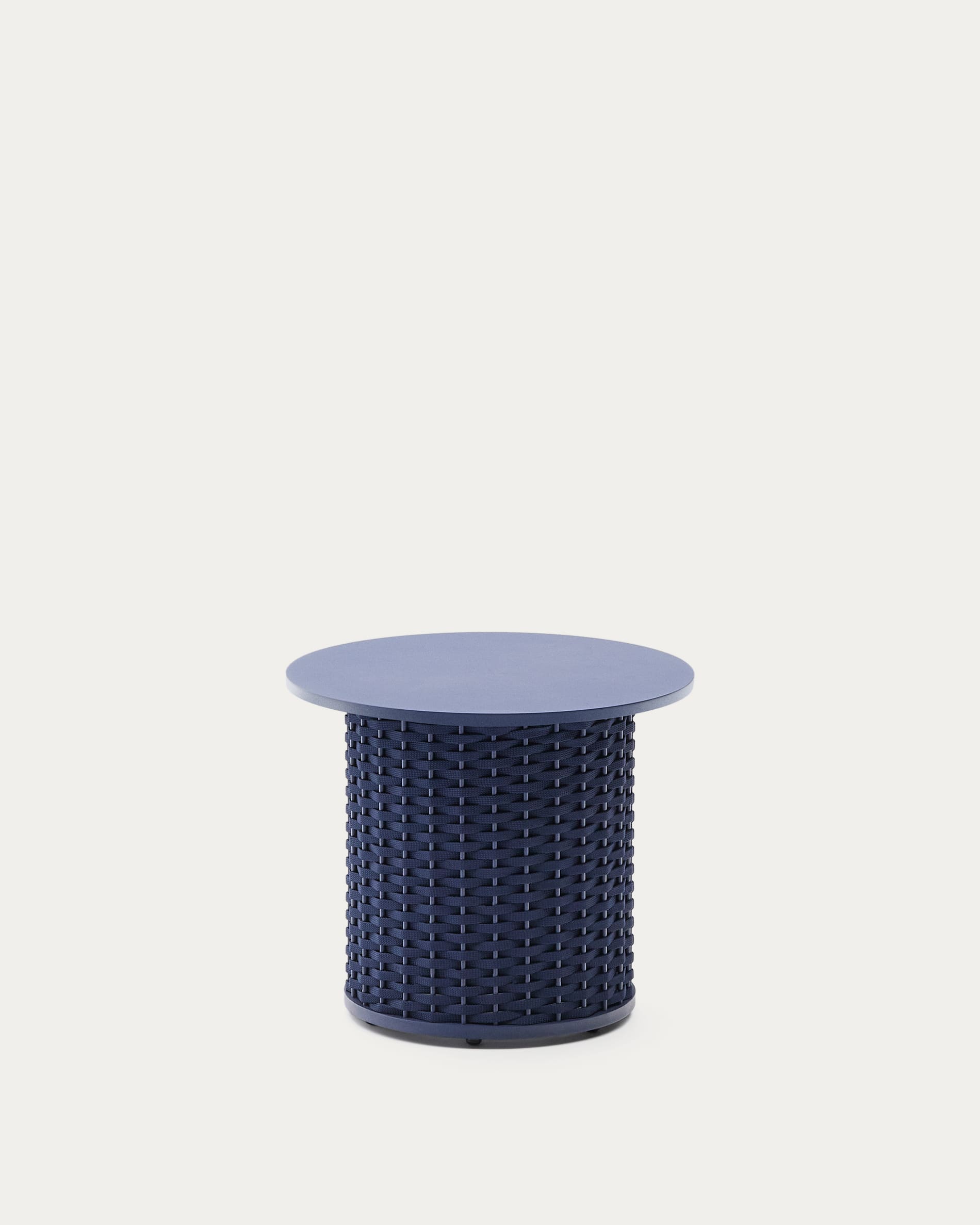 Eleganter Outdoor-Tisch aus Aluminium und blauem Seil, robust, wetterfest, ideal für Garten oder Terrasse, Ø50 cm.