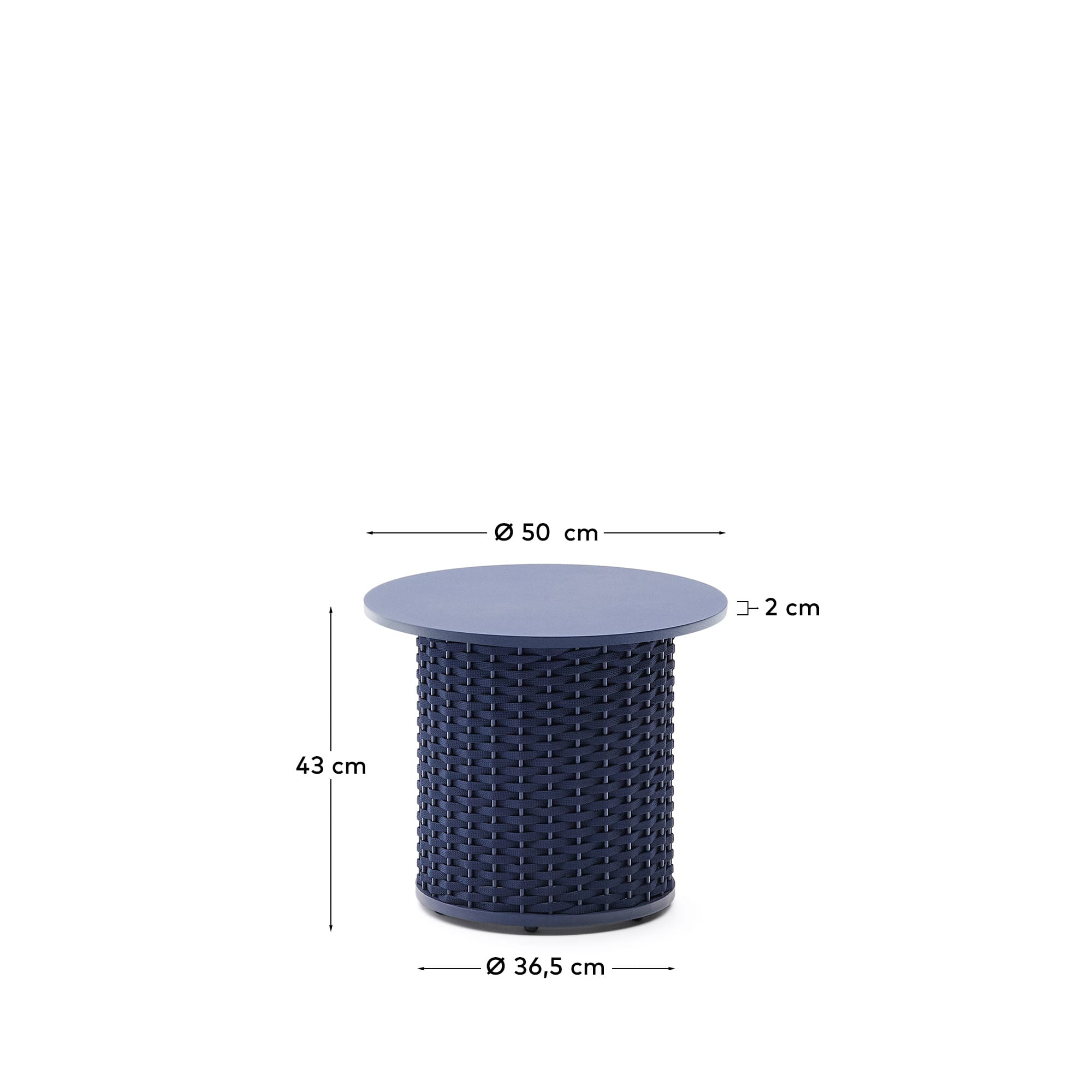 Eleganter Outdoor-Tisch aus Aluminium und blauem Seil, robust und stilvoll, ideal für Garten oder Terrasse.