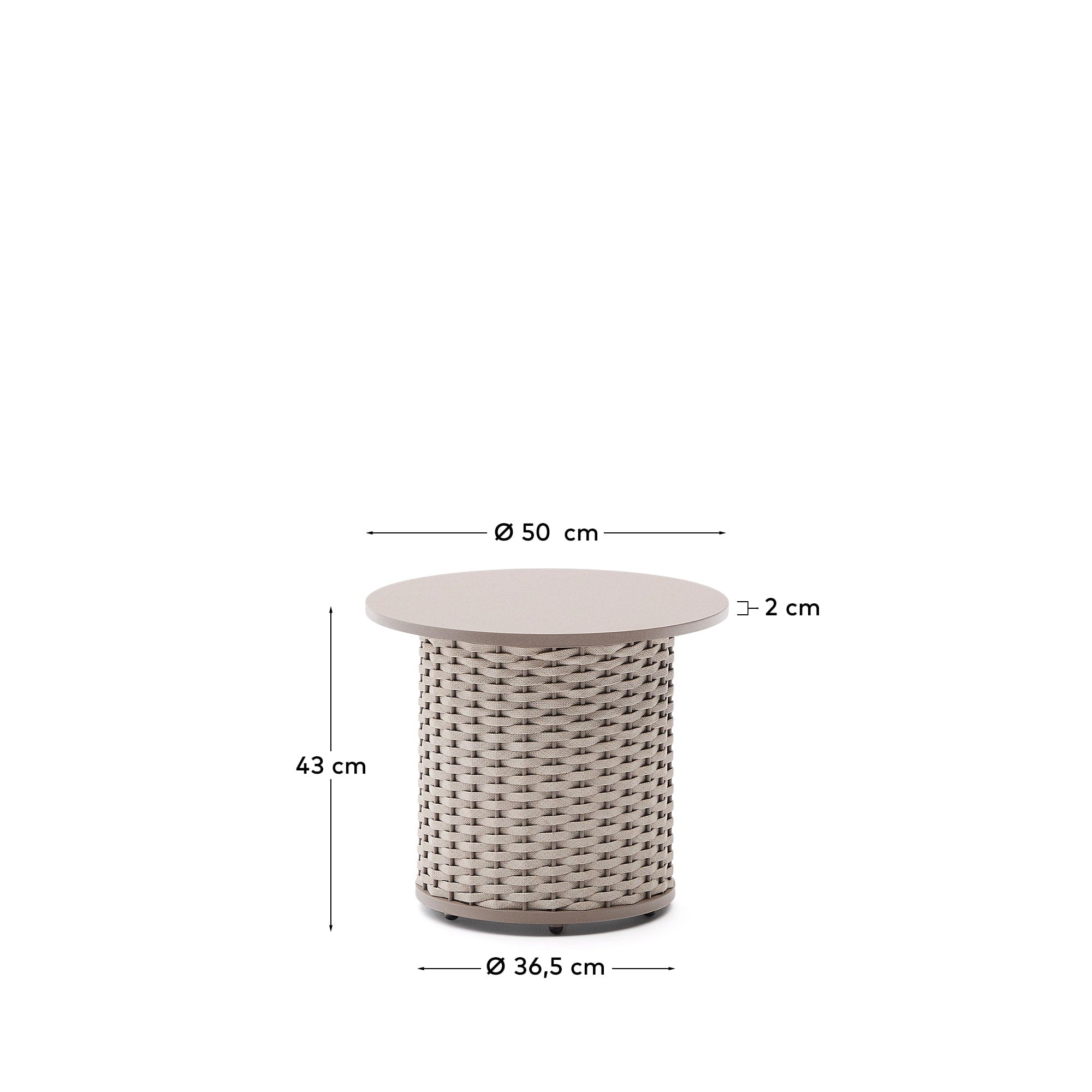Eleganter Outdoor-Tisch aus Aluminium und Seil, ideal für Terrassen. Wetterfest, stilvoll und kompakt mit 50 cm Durchmesser.