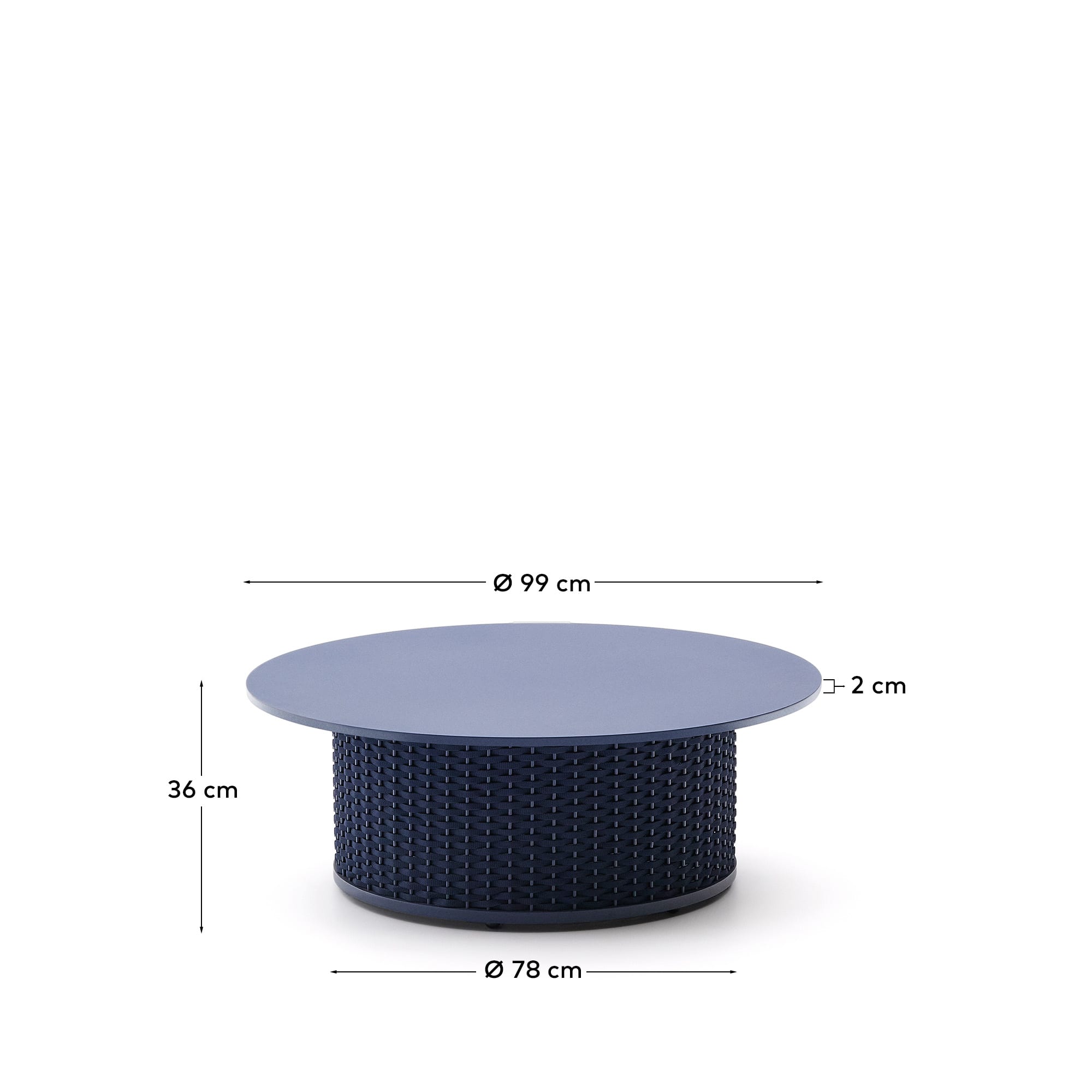 Der Sedalis Outdoor-Couchtisch vereint modernes Design mit Funktionalität: Aluminium und blaues Seil für stilvolle Langlebigkeit.