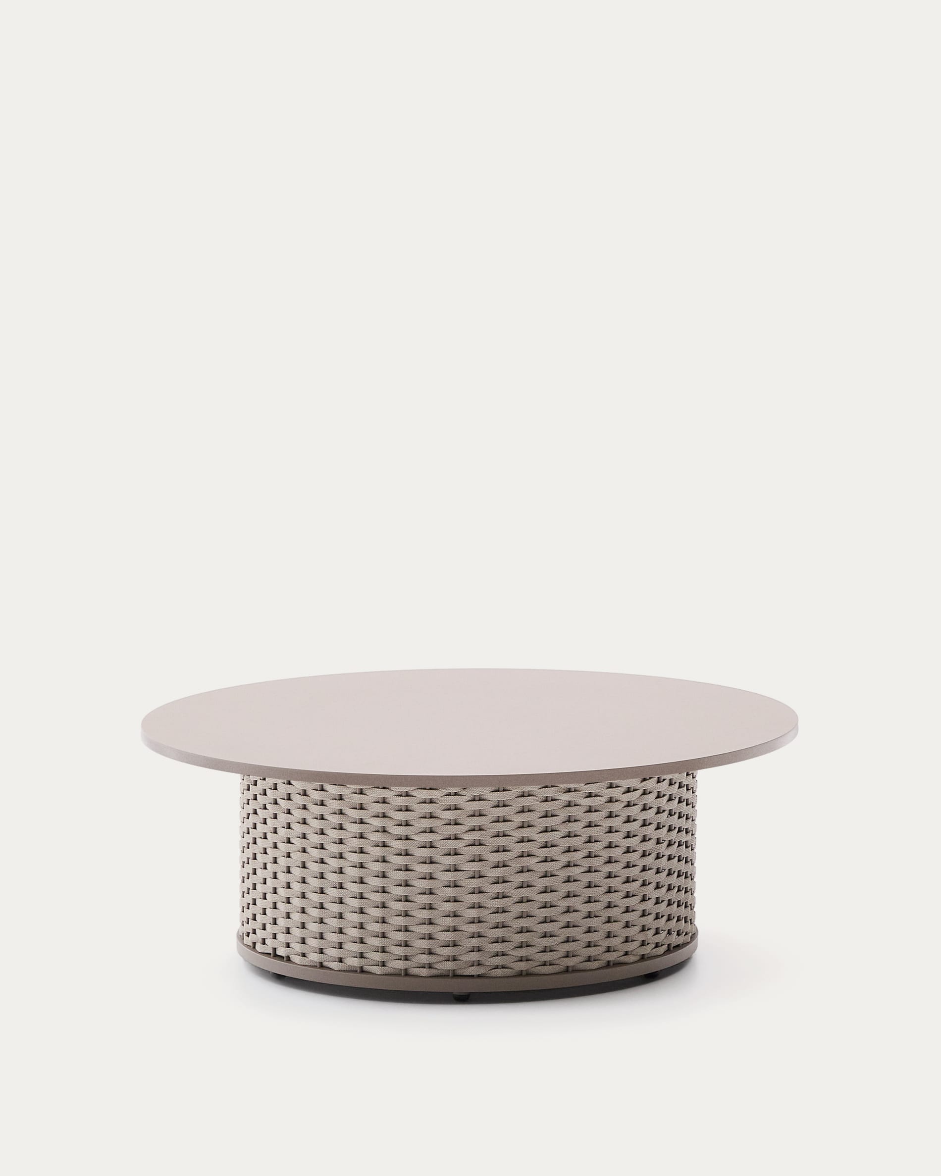 Eleganter Outdoor-Couchtisch aus Aluminium und taupefarbenem Seil, robust, wetterfest, ideal für Garten und Terrasse.