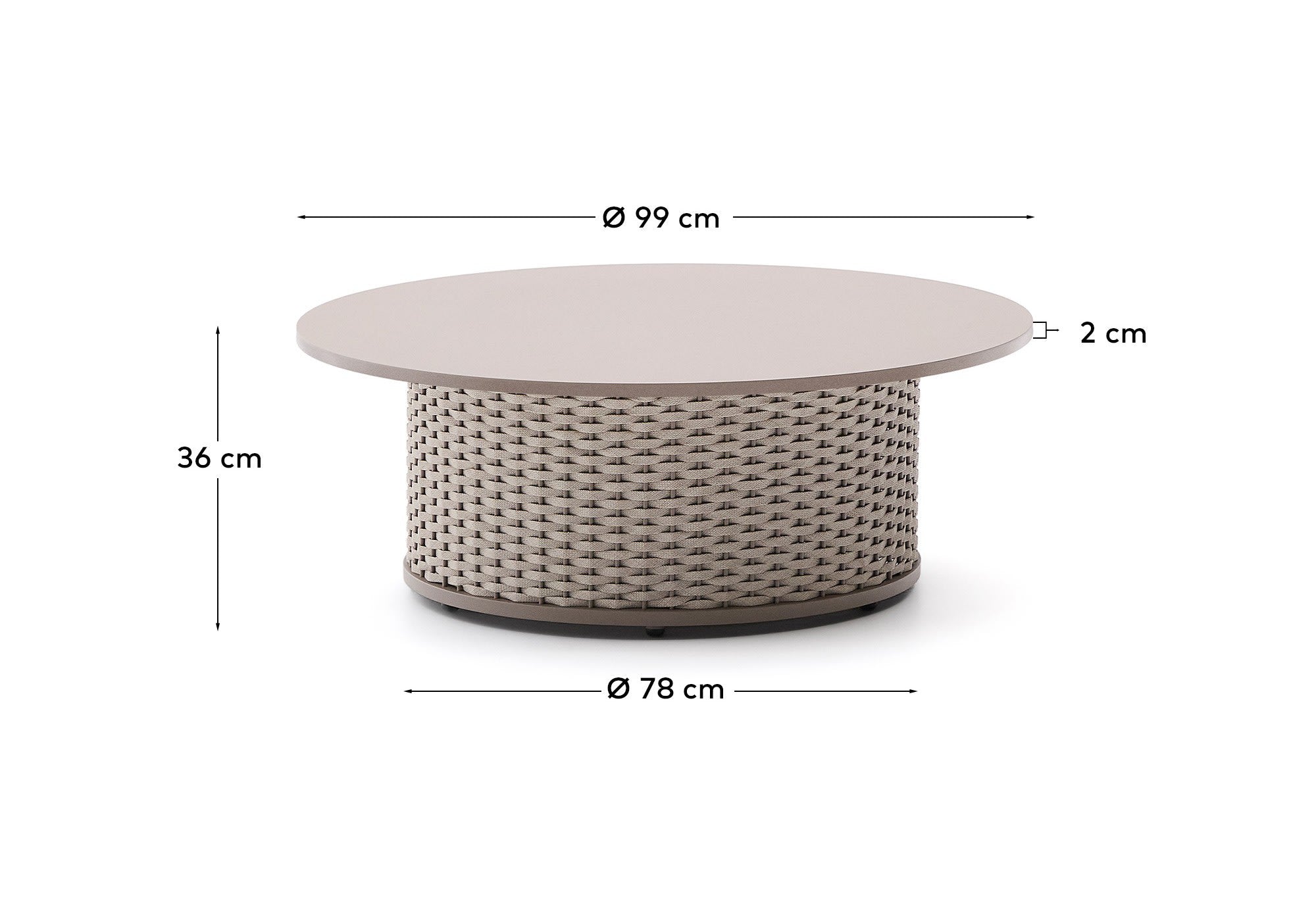 Eleganter Outdoor-Couchtisch aus Aluminium und Seil, robust und stilvoll, ideal für Garten oder Terrasse.