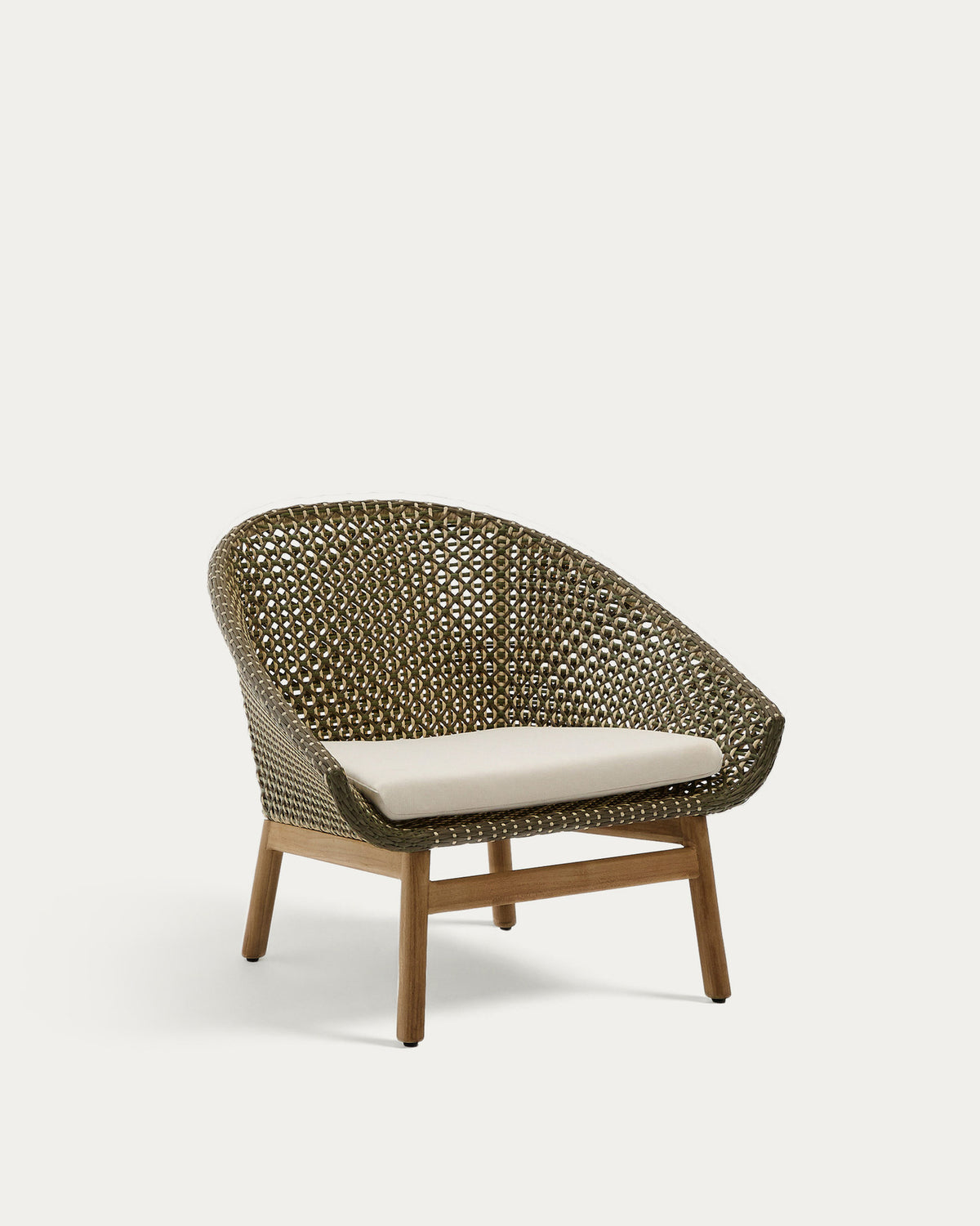 Sessel Olbia aus synthetischem Rattan und massivem Teakholz FSC 100 % in Dunkelgrün, Beige, Braun, Hellbraun präsentiert im Onlineshop von KAQTU Design AG. Outdoor-Sessel mit Armlehnen ist von Kave Home