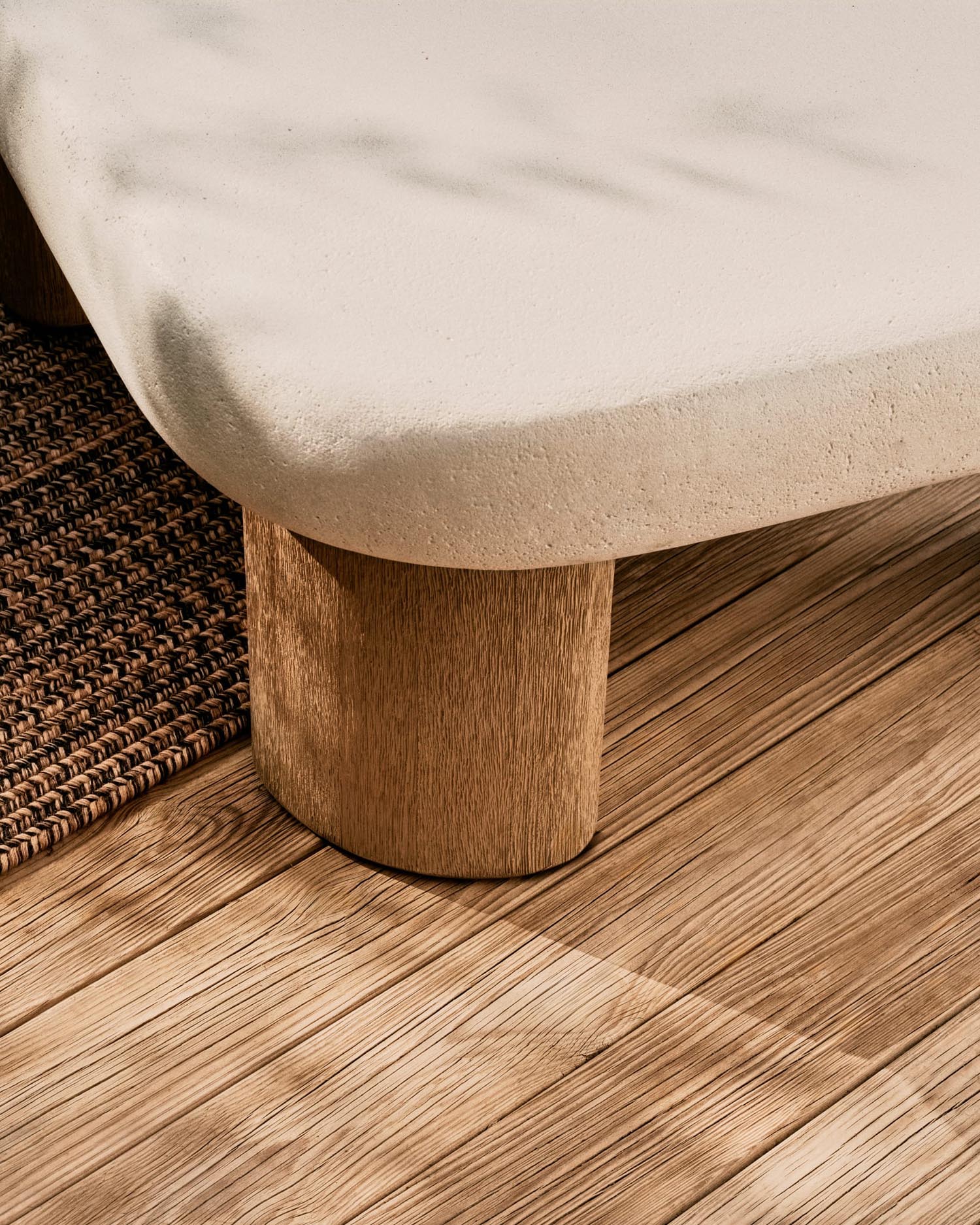 Der Couchtisch Labra vereint robusten Zement mit elegantem Akazienholz, ideal für stilvolle Outdoor-Bereiche.