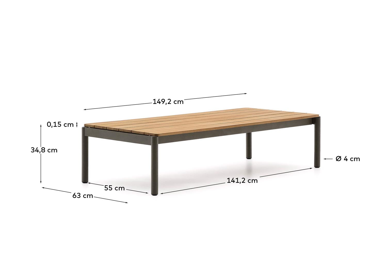 Coffee table Sorells made of green aluminum and teak 63 x 144.6 cm FSC 100%