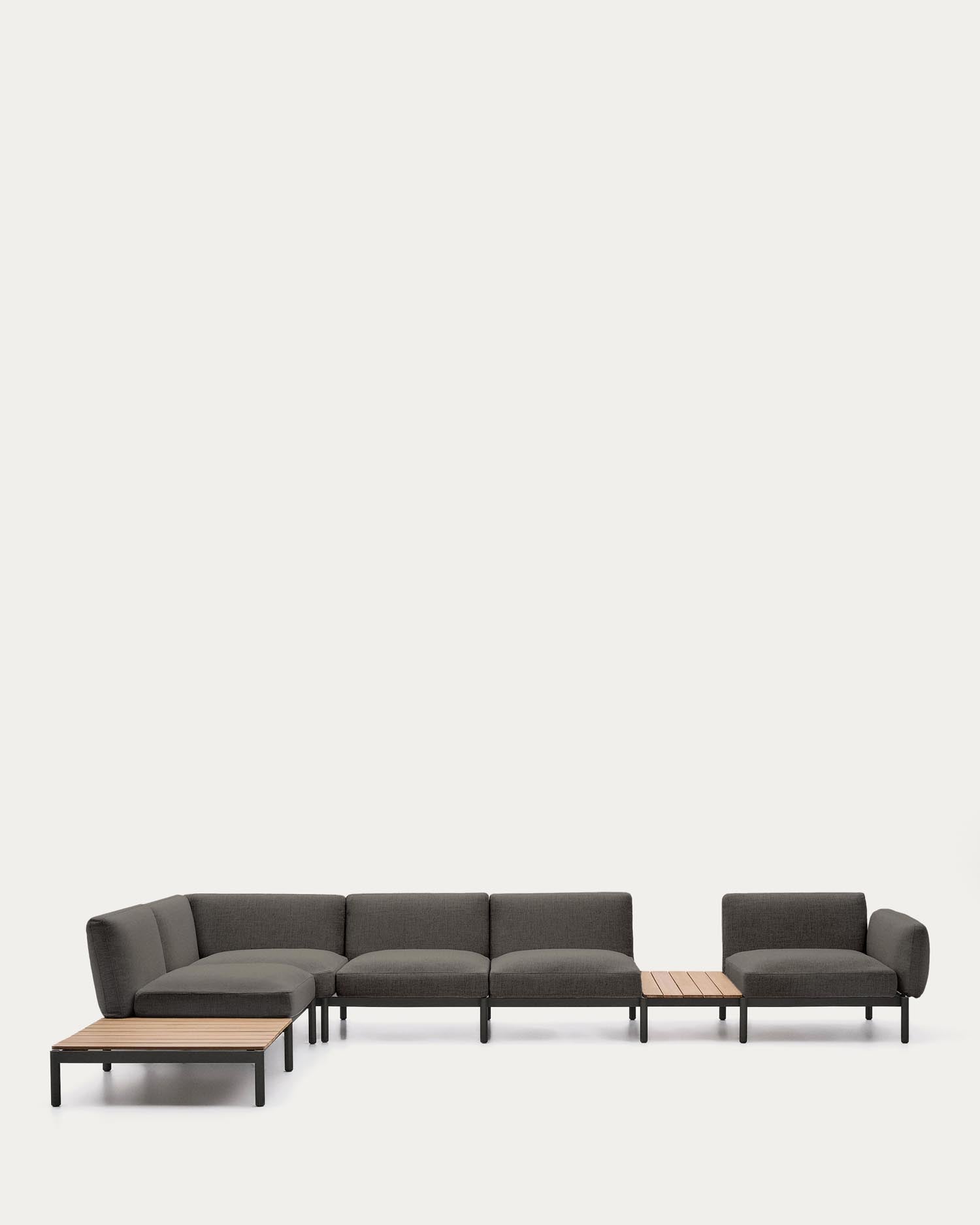 Modulares Outdoor-Ecksofa Sorells mit 5 Sitzplätzen mit grauer Polsterung und grauem Alumi