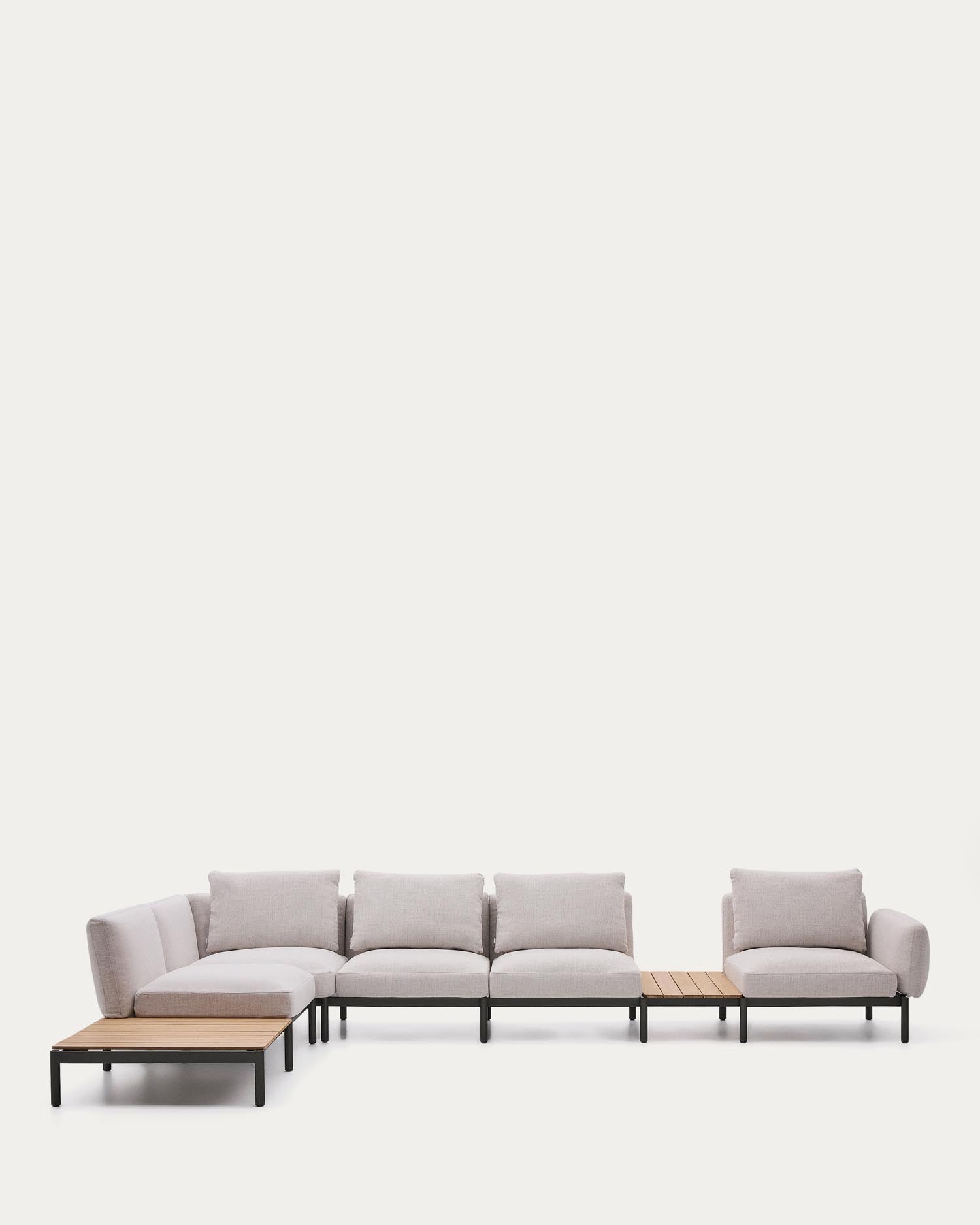 Modular outdoor corner sofa Sorells with 5 0001> seats with beige upholstery and the green