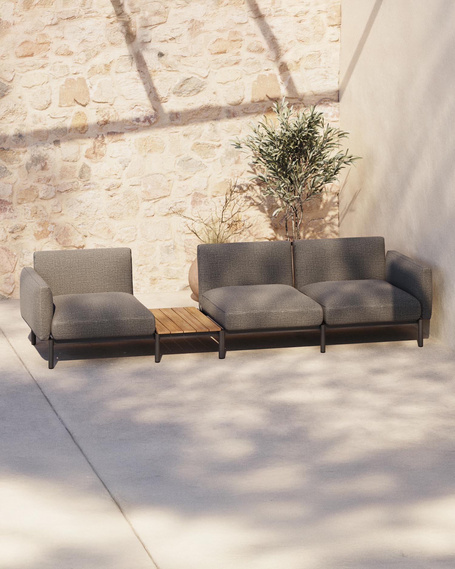 Modulares Outdoor-Sofa Sorells mit 3 Sitzplätzen mit grauer Polsterung und grauem Aluminiu