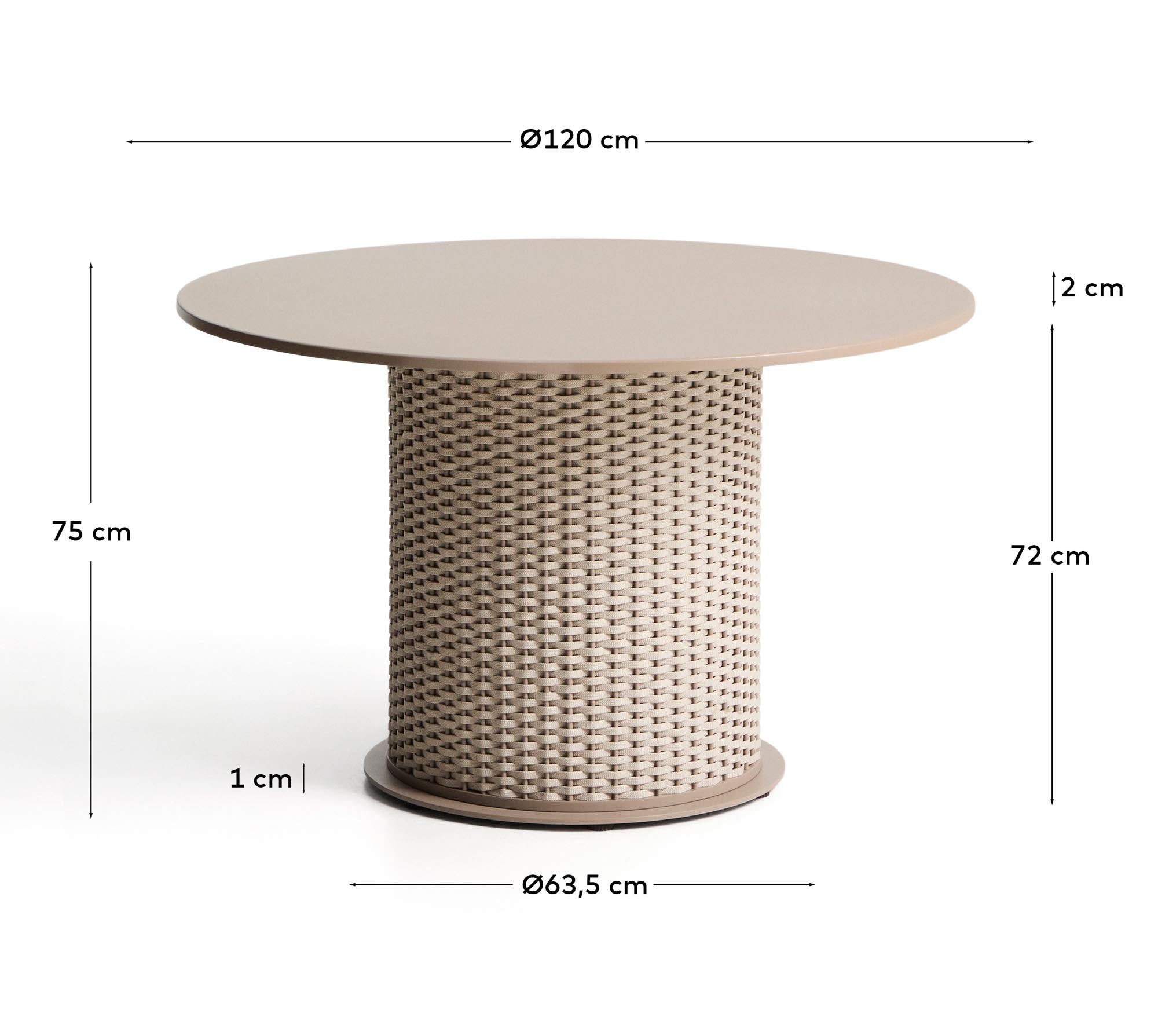 Eleganter Outdoor-Tisch Sedalis in Taupe, Ø 120 cm, aus robustem Aluminium und hochwertigem Seil, ideal für stilvolle Gartenmöbel.