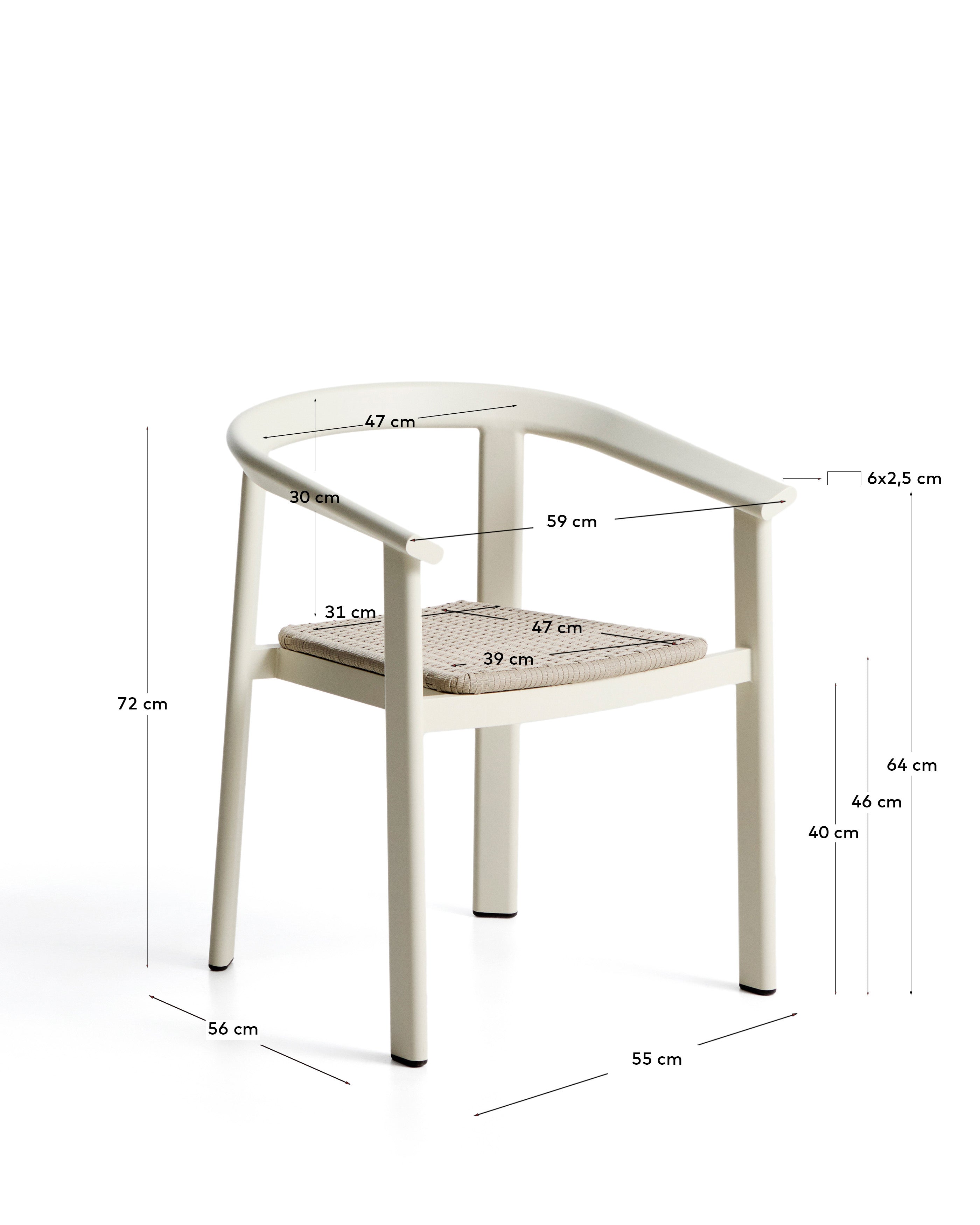 Stapelbarer Gartenstuhl Erice aus leichtem Aluminium und modernem ecrufarbenem Seil, perfekt für stilvolle Outdoor-Bereiche.