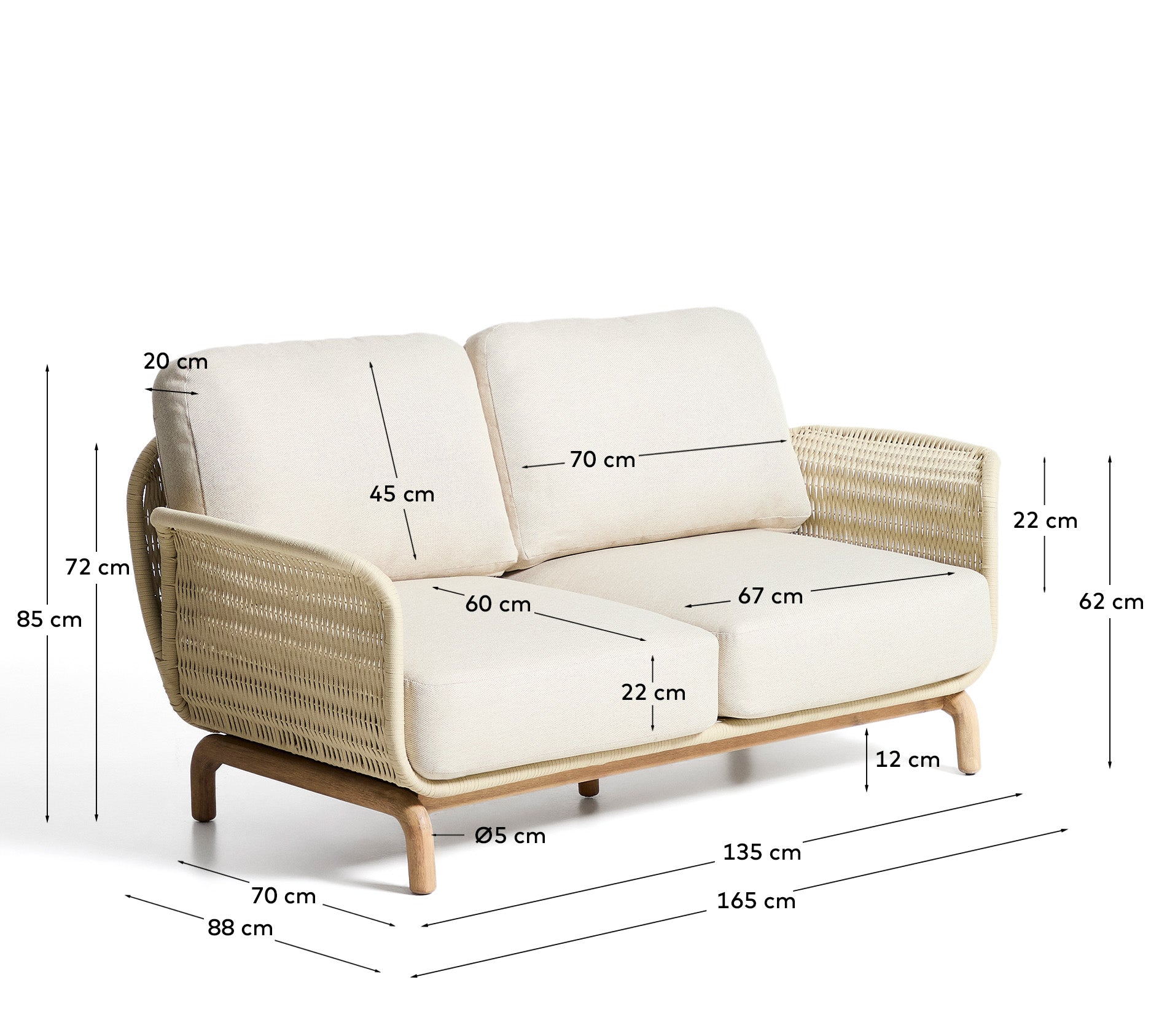 2-Sitzer-Sofa Alipa aus massivem Akazienholz und ecrufarbenem Seil, 165 cm in Ecru präsentiert im Onlineshop von KAQTU Design AG. Loungesofa ist von Kave Home