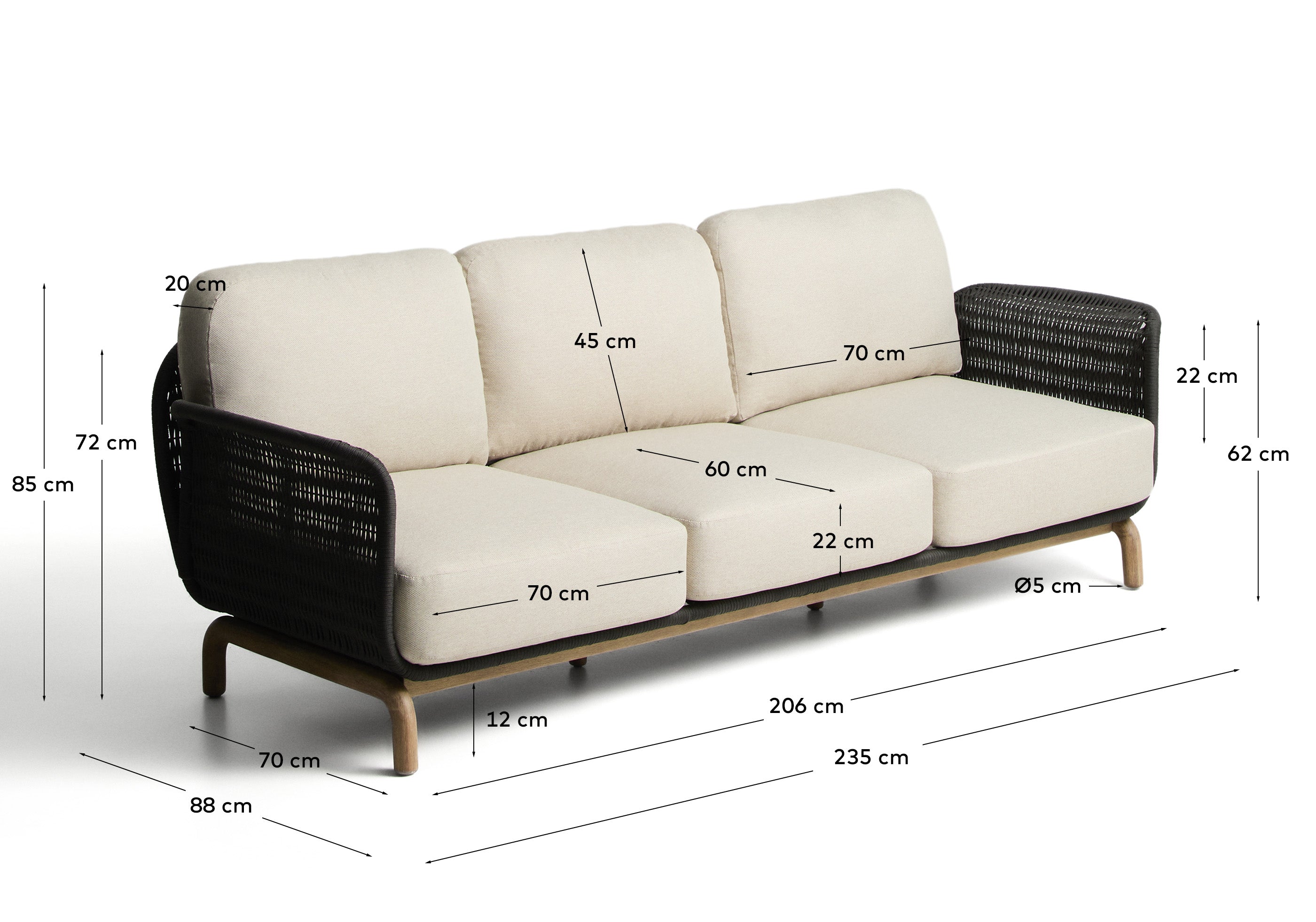 3-Sitzer-Sofa Alipa aus massivem Akazienholz und dunkelgrauem Seil, 235 cm in Graphit präsentiert im Onlineshop von KAQTU Design AG. Loungesofa ist von Kave Home