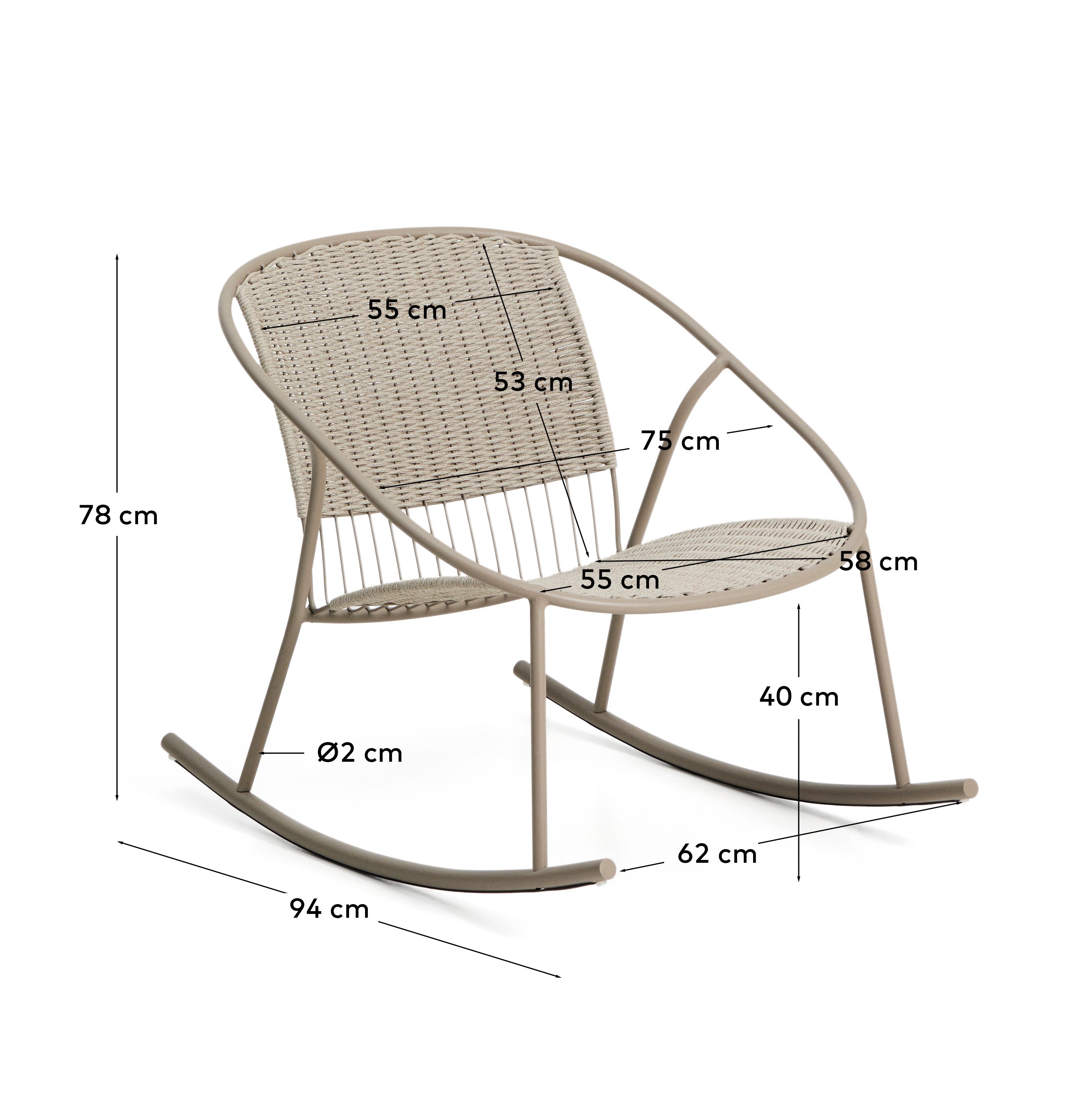 Schaukelstuhl Atrani aus verzinktem Stahl und taupefarbenem Seil in Taupe präsentiert im Onlineshop von KAQTU Design AG. Outdoor-Sessel ist von Kave Home