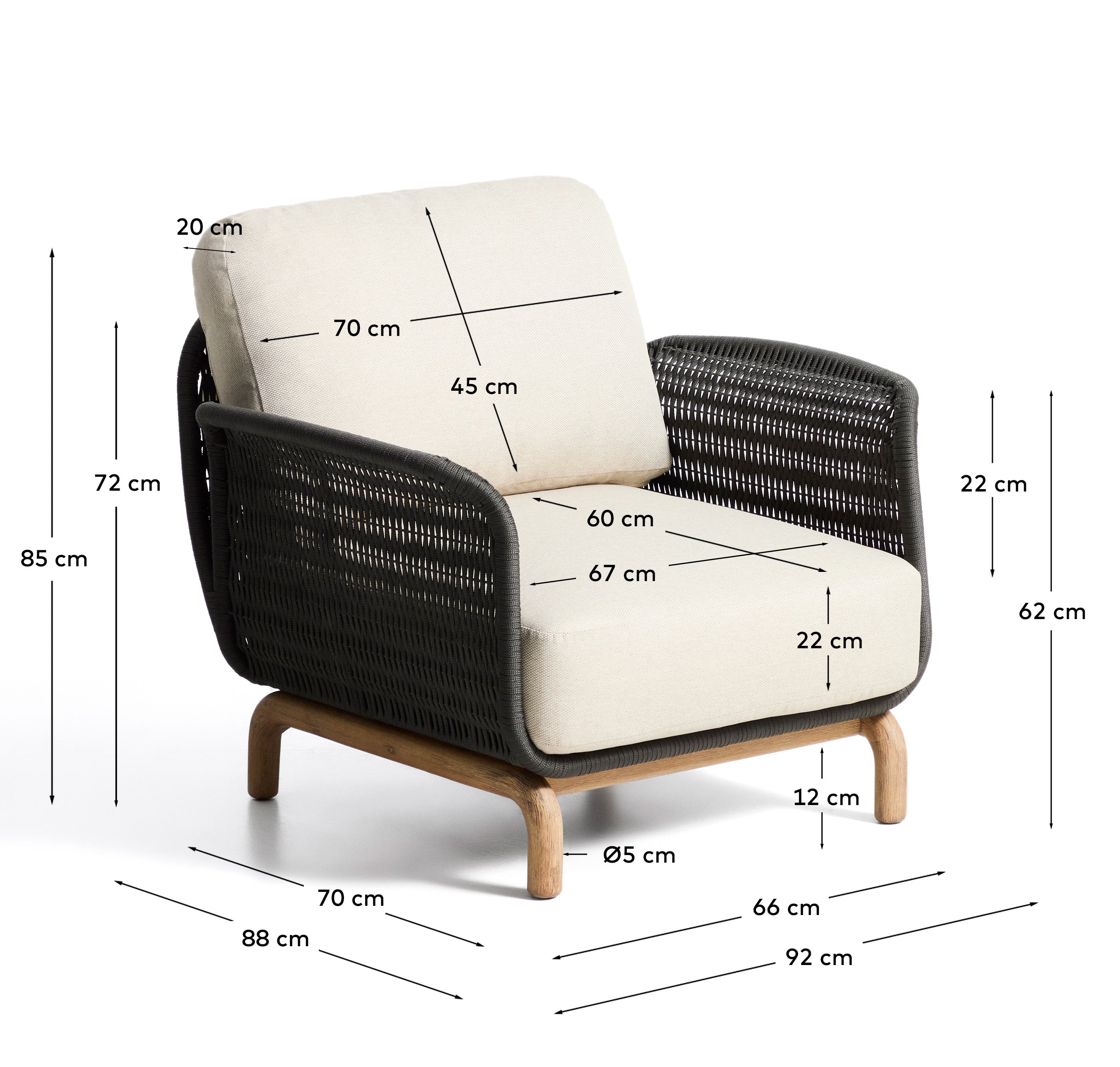 Sessel Alipa aus massivem Akazienholz und dunkelgrauem Seil, FSC 100 % in Graphit präsentiert im Onlineshop von KAQTU Design AG. Outdoor-Sessel ist von Kave Home