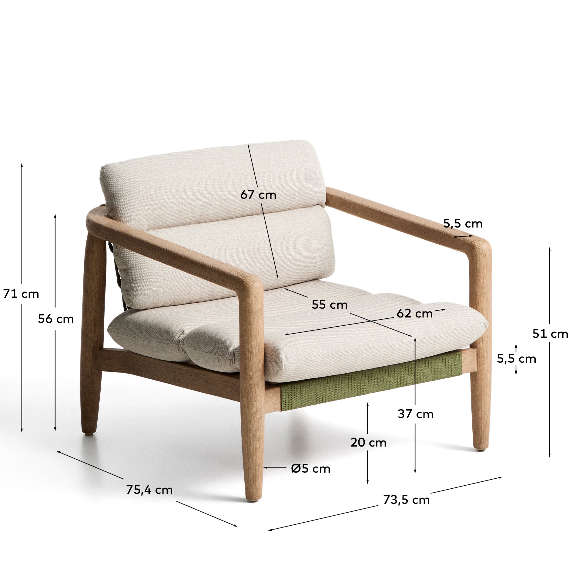 Sessel Menfi aus massivem Akazienholz und grünem Seil in Dunkelgrün präsentiert im Onlineshop von KAQTU Design AG. Outdoor-Sessel ist von Kave Home