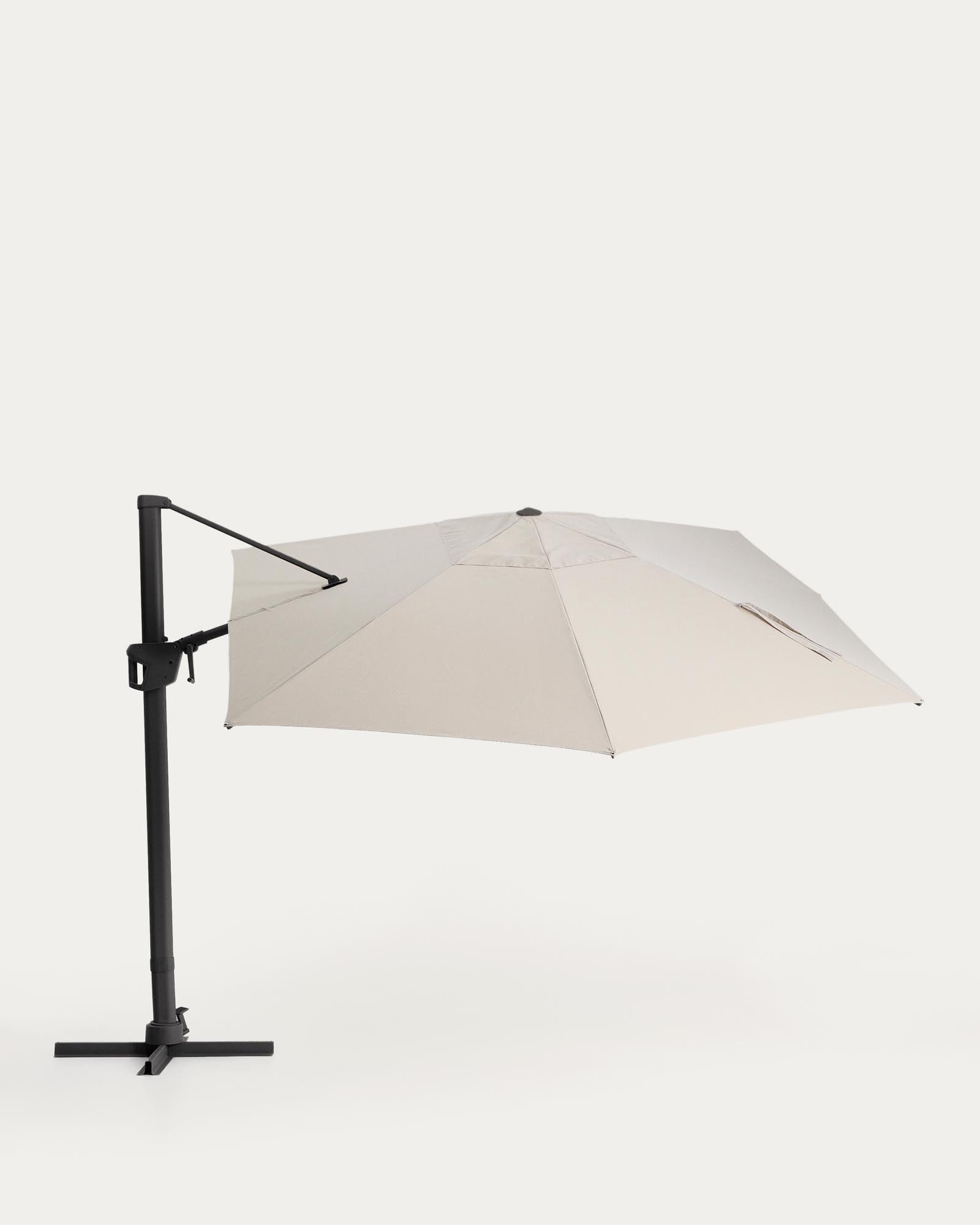 Exzentrischer Sonnenschirm Noli in Beige, mit robustem graphitgrauem Aluminiumgestell, bietet großzügigen Schatten für Garten und Terrasse.