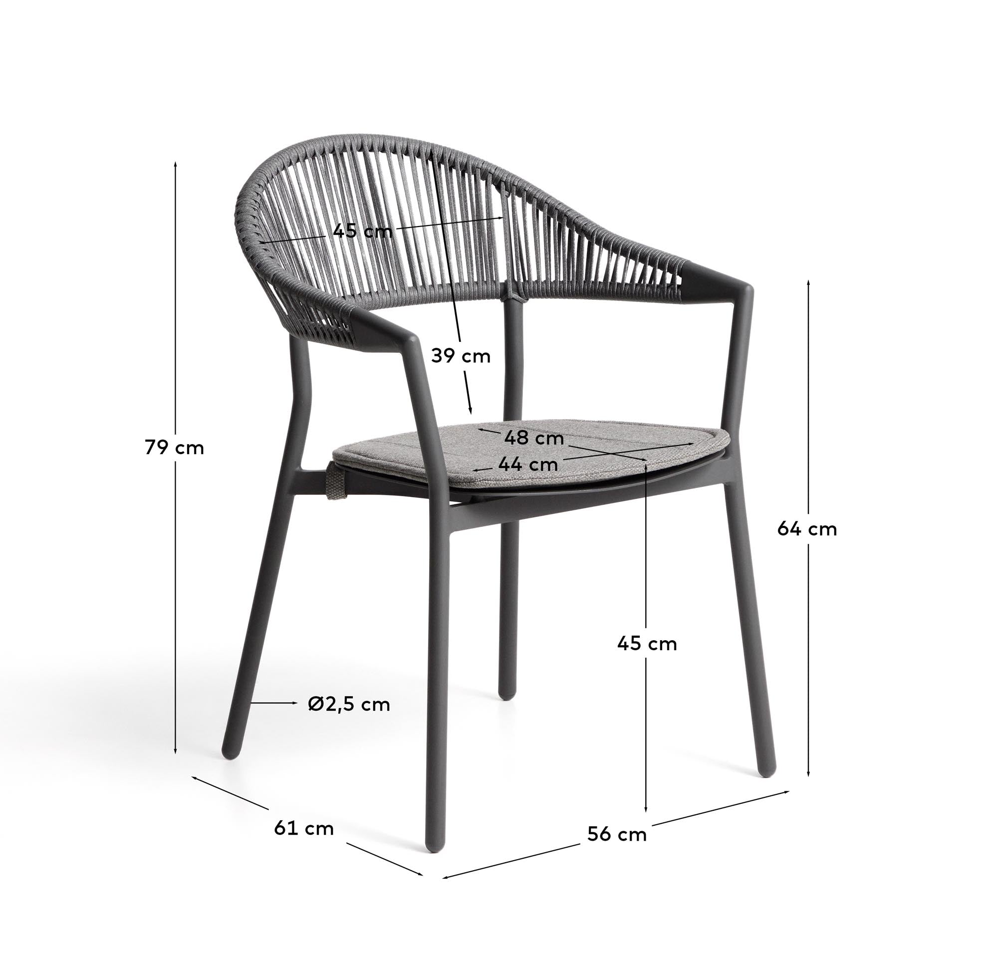 Stapelbarer Outdoor-Stuhl Alimia aus Aluminium in Graphit und grauem Synthetikseil in Dunkelgrau präsentiert im Onlineshop von KAQTU Design AG. Gartenstuhl ist von Kave Home