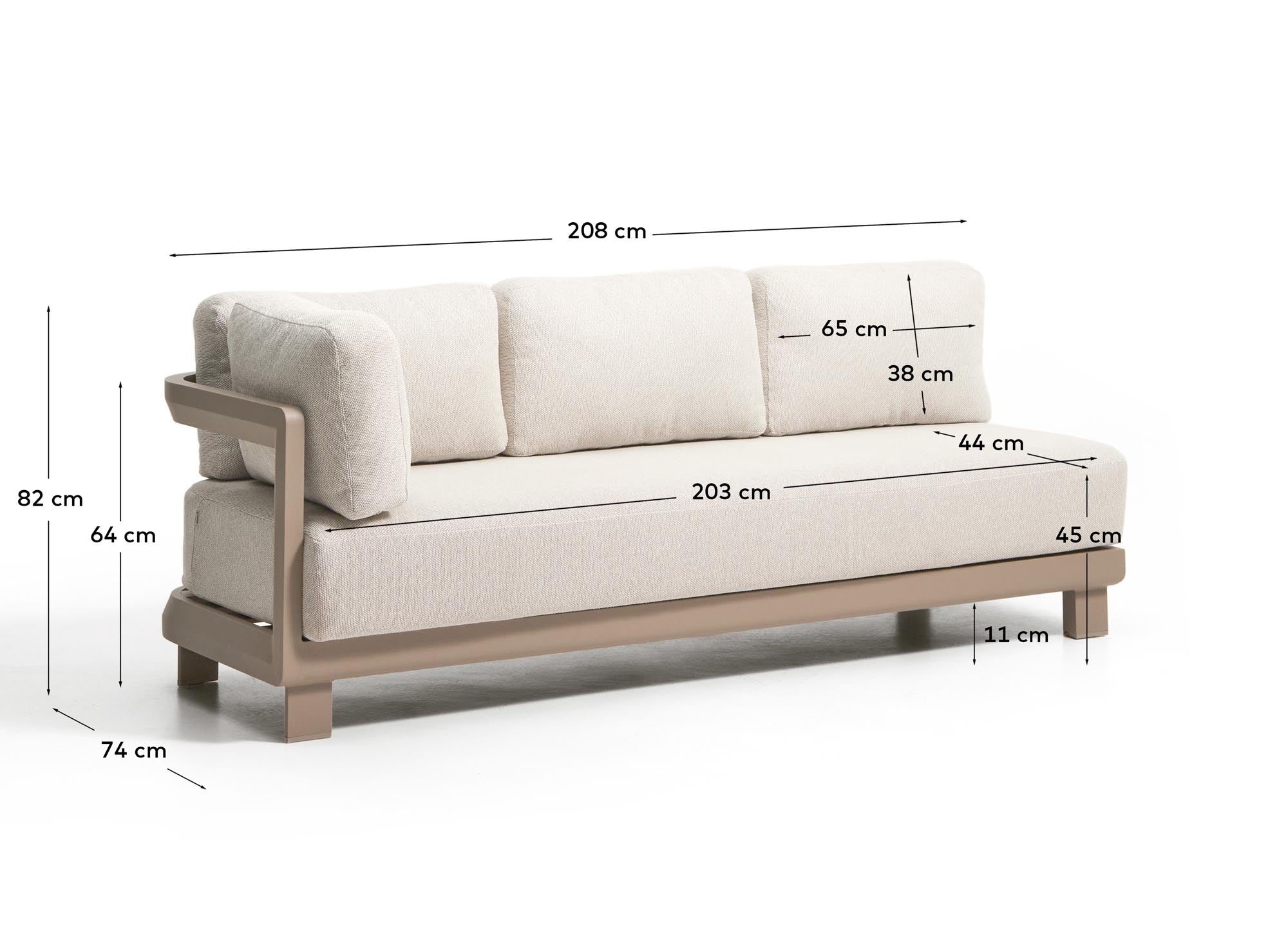 Modernes 3-Sitzer-Sofa Nerano in Taupe, aus langlebigem Aluminium, perfekt für gemütliche Stunden im Garten oder Wohnzimmer.