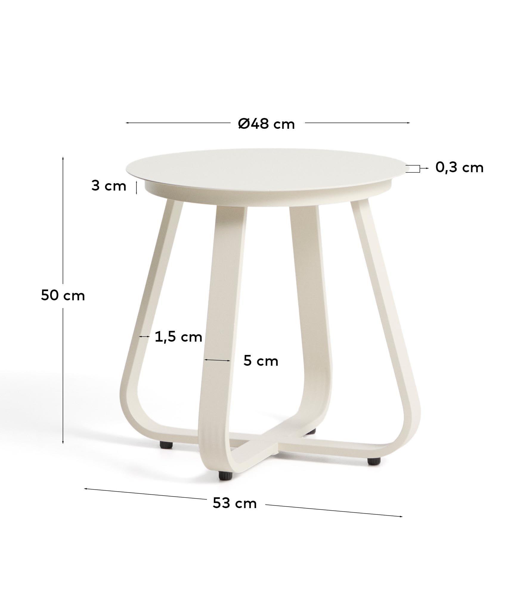 Eleganter Outdoor Beistelltisch Tamaris aus langlebigem ecrufarbenem Aluminium, Ø 48 cm, ideal für stilvolle Akzente im Freien.