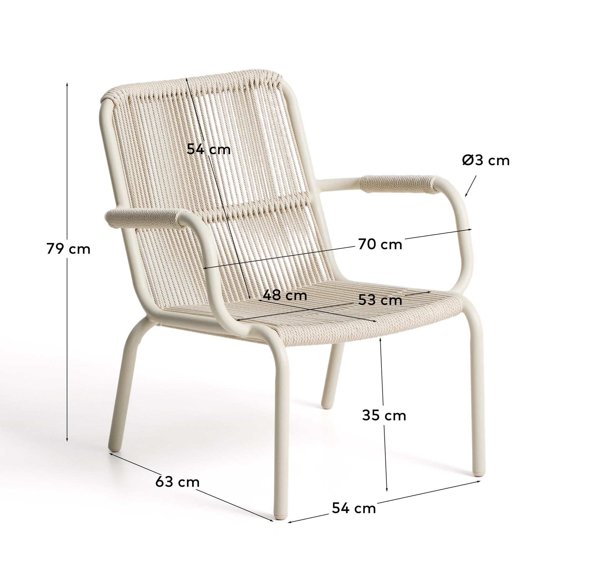 Eleganter stapelbarer Sessel Salis in sanftem Ecru, gefertigt aus langlebigem Aluminium und Synthetikseil, ideal für stilvolle Außenbereiche.