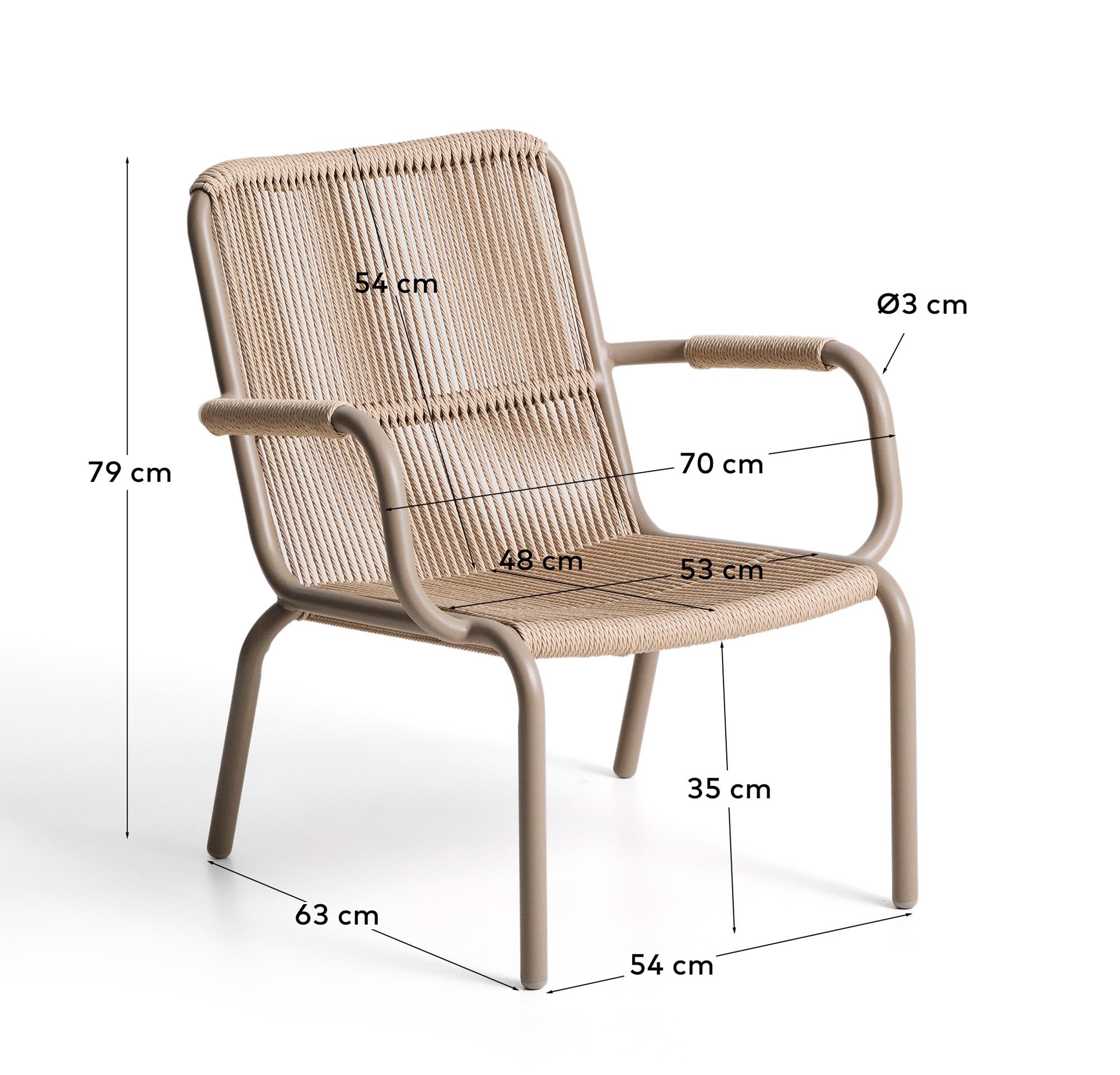 Eleganter stapelbarer Sessel Salis in taupe mit beigem Synthetikseil, ideal für stilvolle Outdoor-Bereiche und entspannte Stunden im Freien.