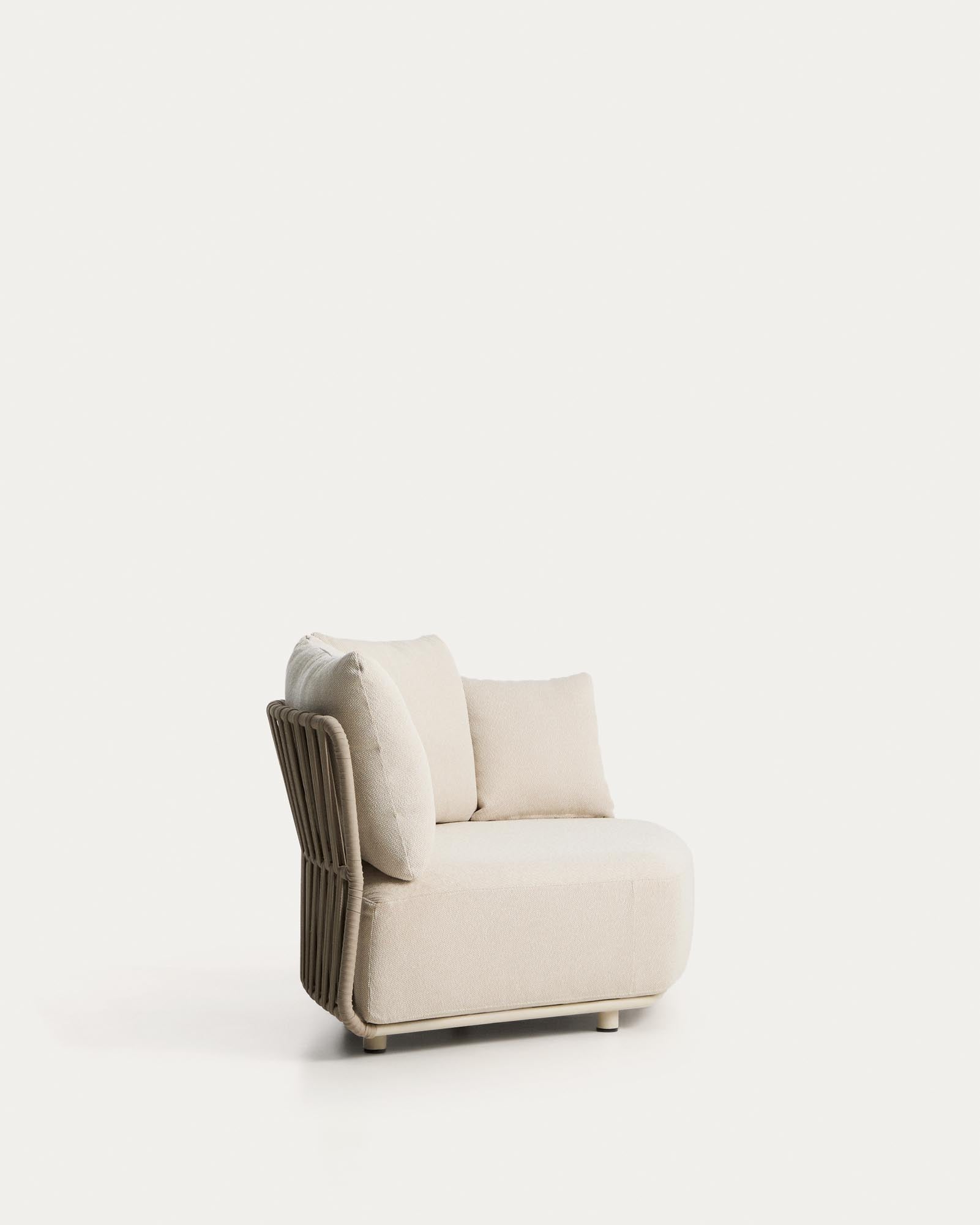 Elegantes Lounge-Modul Osani in ecrufarbenem Aluminium und taupefarbenem Seil, ideal für stilvolle Entspannung im Freien.