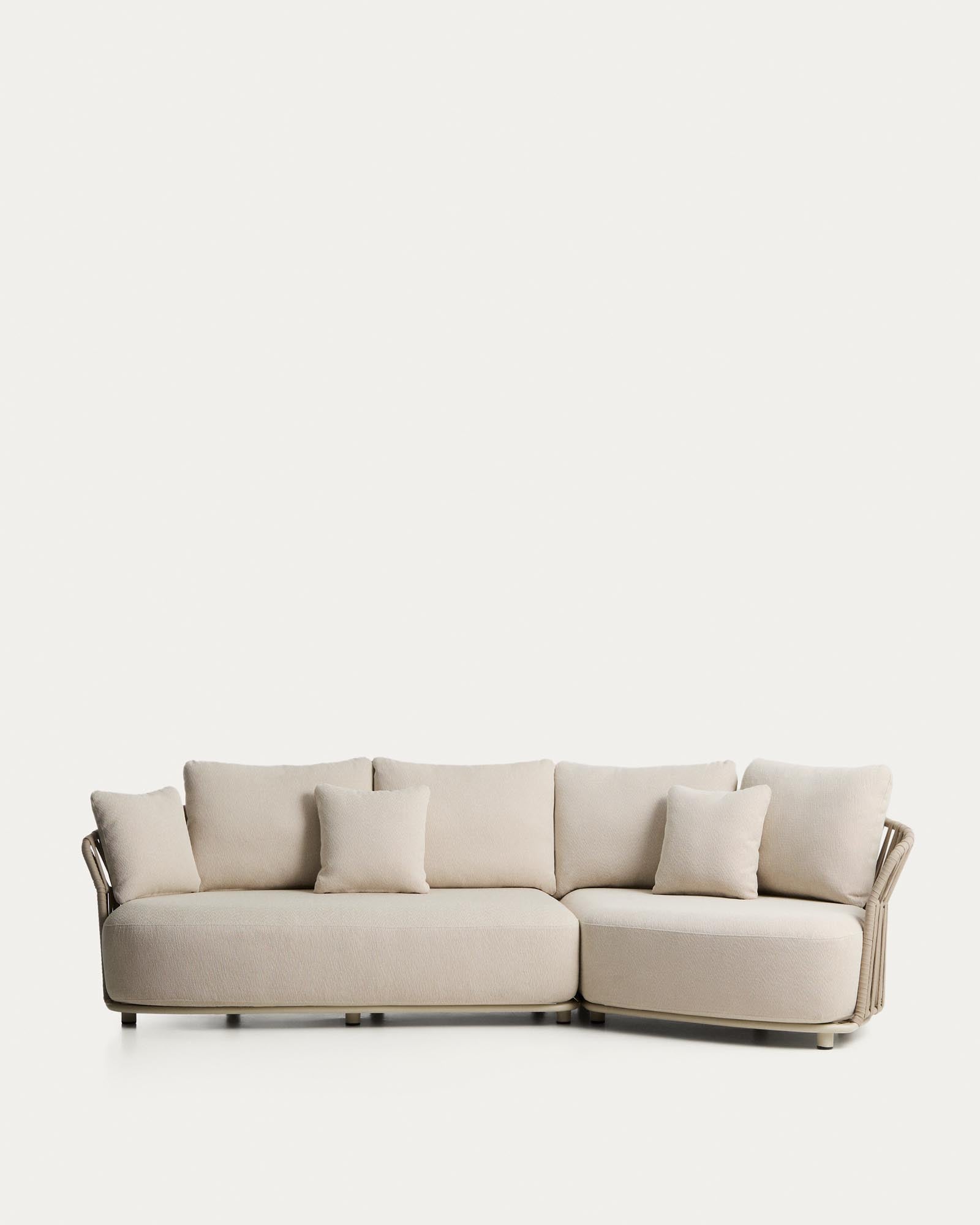 Ecrufarbenes 2-Sitzer-Sofa Osani und geschwungenes Modul aus ecrufarbenem Aluminium und taupefarbenem Seil, 274 cm in Taupe präsentiert im Onlineshop von KAQTU Design AG. Lounge Sofa ist von Kave Home