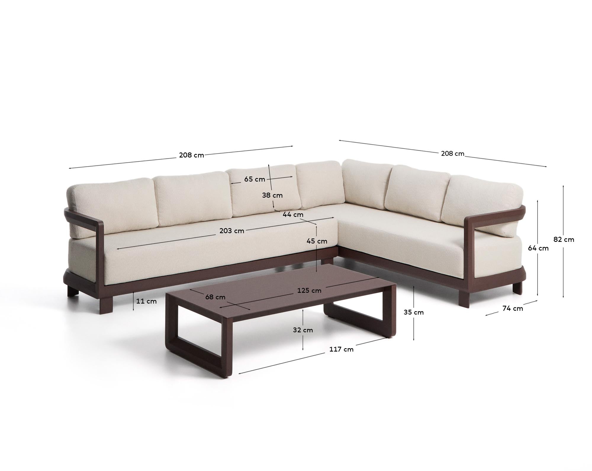 Modernes Loungeset Nerano mit großzügigem 5-Sitzer-Ecksofa und einem eleganten Couchtisch aus robustem Glas und braunem Aluminium.