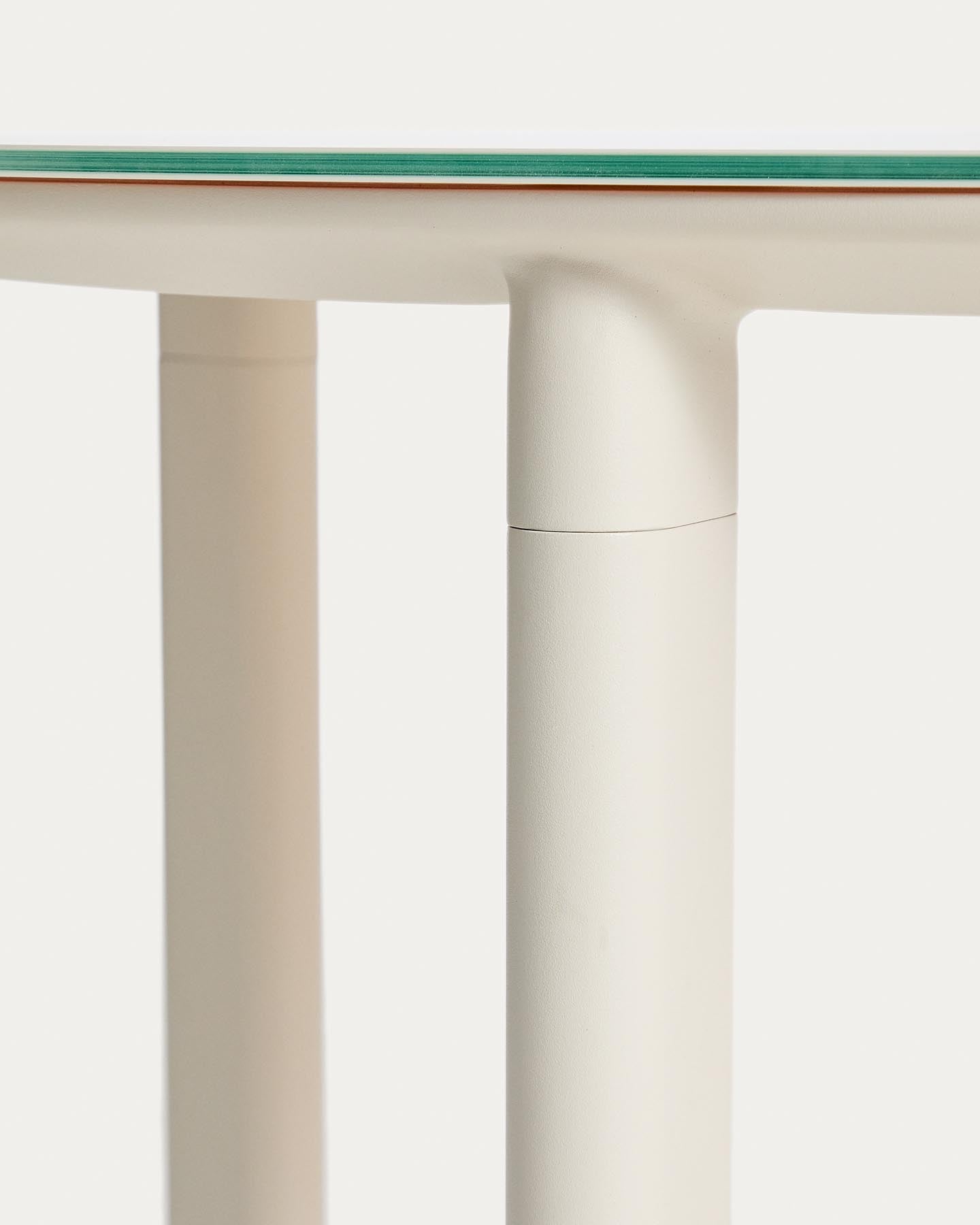 Set Erice mit 4 Stapelstühlen aus Aluminium und Seil und einem Tisch aus Aluminium und gehärtetem Glas in Ecru, Ø 120 cm in Ecru präsentiert im Onlineshop von KAQTU Design AG. Loungeset ist von Kave Home