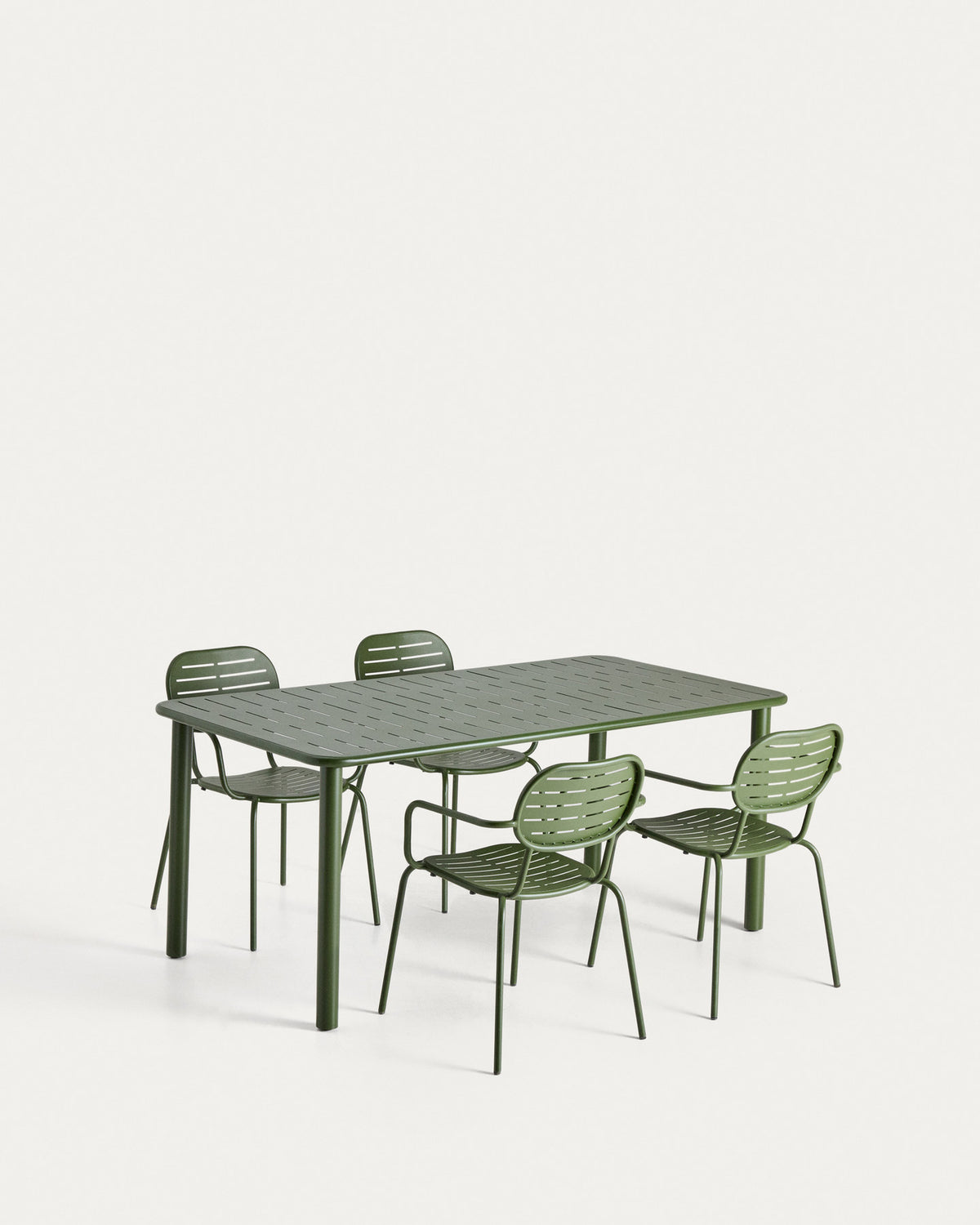 Set Brai mit Tisch und 4 Stapelstühlen aus verzinktem grünem Stahl, 180 x 90 cm in Grün, Dunkelgrün präsentiert im Onlineshop von KAQTU Design AG. Gartentischset ist von Kave Home