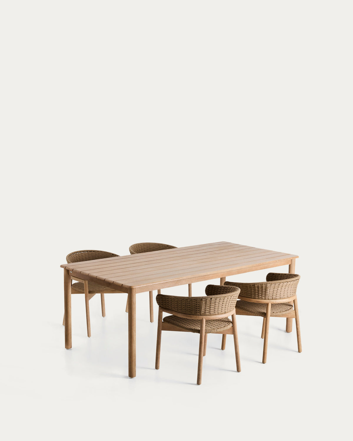 Set mit Tisch Sori aus massivem Akazienholz und 4 Stühlen Arinella aus massivem Akazienholz und beigem Seil, 200 x 100 cm FSC 100 % in Braun, Beige präsentiert im Onlineshop von KAQTU Design AG. Loungeset ist von Kave Home