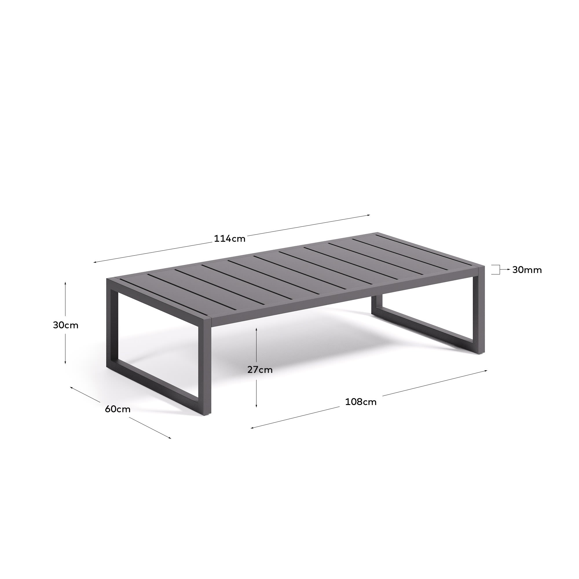 Eleganter Couchtisch Comova aus Aluminium in Schwarz, perfekt für den Außenbereich, Maße 60x114 cm, von Kave Home.