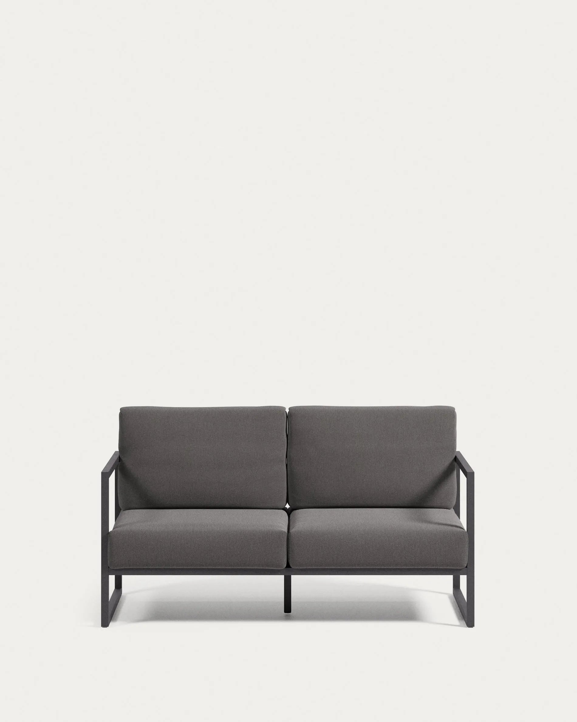 Elegantes Outdoor-Sofa aus schwarzem Aluminium, 150 cm breit, mit UV-beständigem Crevin-Gewebe.