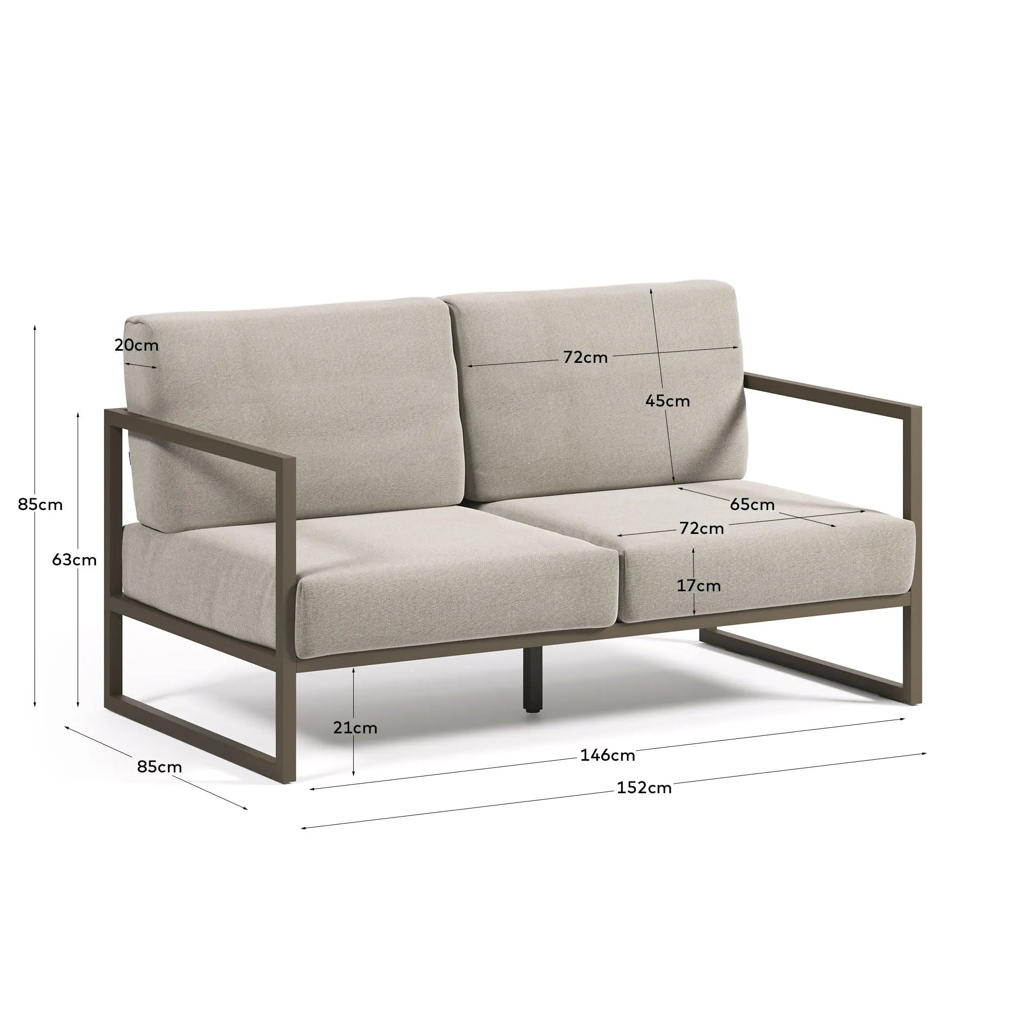 Elegantes 2-Sitzer Sofa für draußen, mit grünem Aluminiumrahmen und wetterfesten, hellgrauen Polstern.