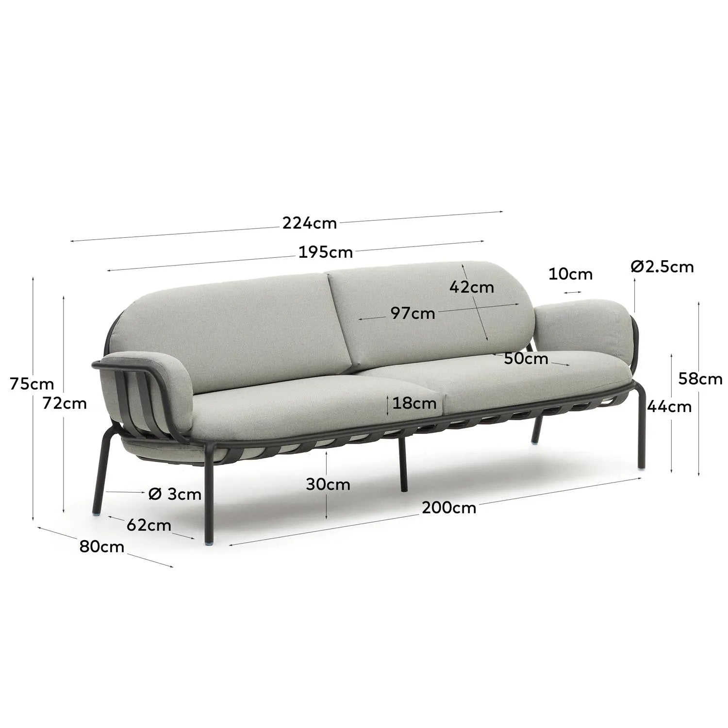 Elegantes 3-Sitzer-Gartensofa aus grauem Aluminium, inspiriert von Flusssteinen, für stilvolle Entspannung im Freien.