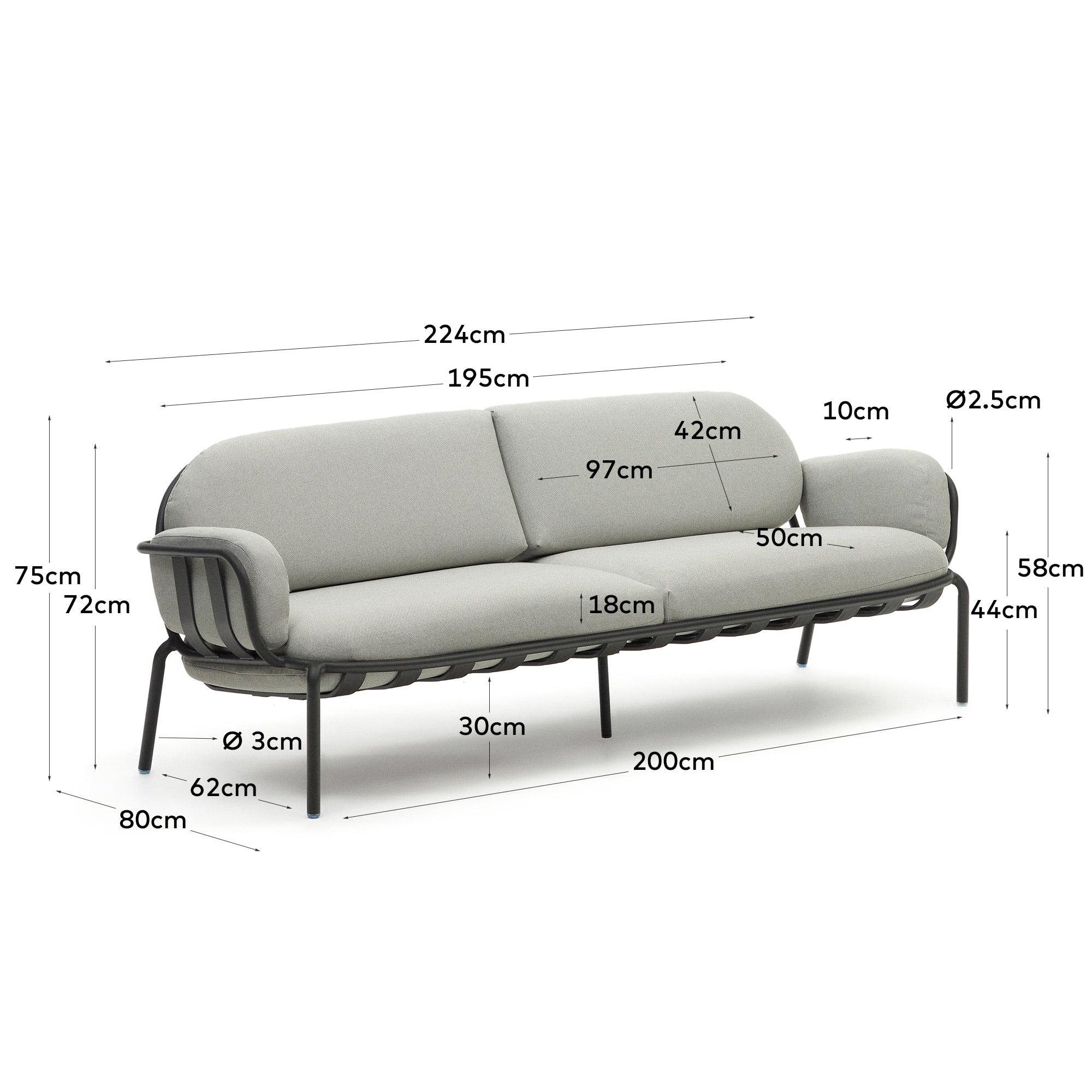 3-Sitzer-Outdoor-Sofa Joncols mit Bezug in Grau aus Aluminium mit grün lackiertem Finish 225 cm in Grau präsentiert im Onlineshop von KAQTU Design AG. Loungesofa ist von Kave Home