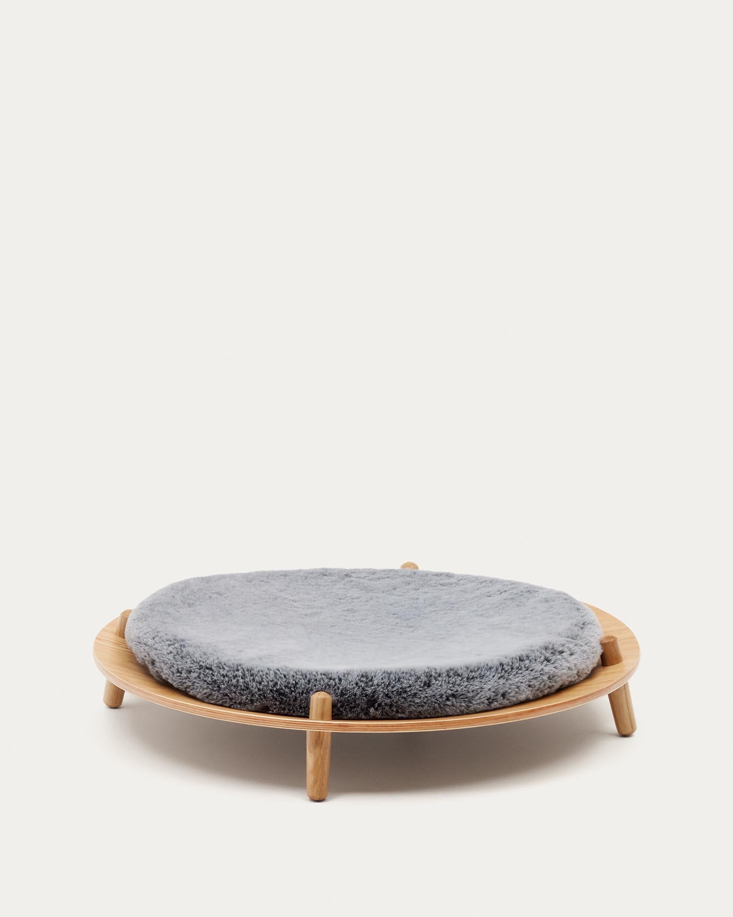 Bunola pet bed made of ash veneer with a fluffy grey cushion, Ø 70 cm