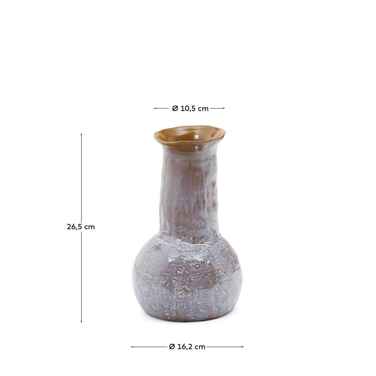 Mehrfarbige Keramikvase Olaris mit runder Basis, langem Hals und glasierten senkrechten Streifen, Höhe 26,5 cm, Material 100% Keramik.
